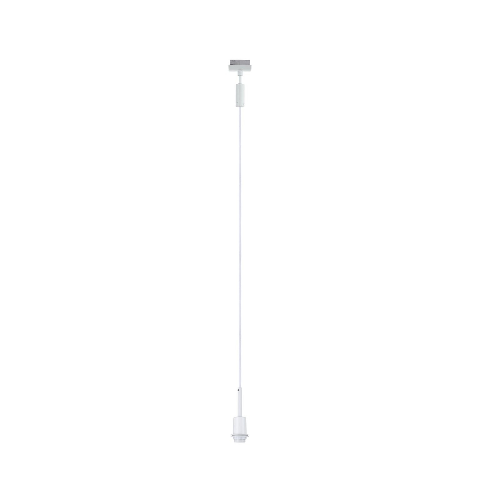 Eine weiße Hängeleuchte. Es ist ein einfaches Design mit einer einzelnen Glühbirne und einem langen Kabel.