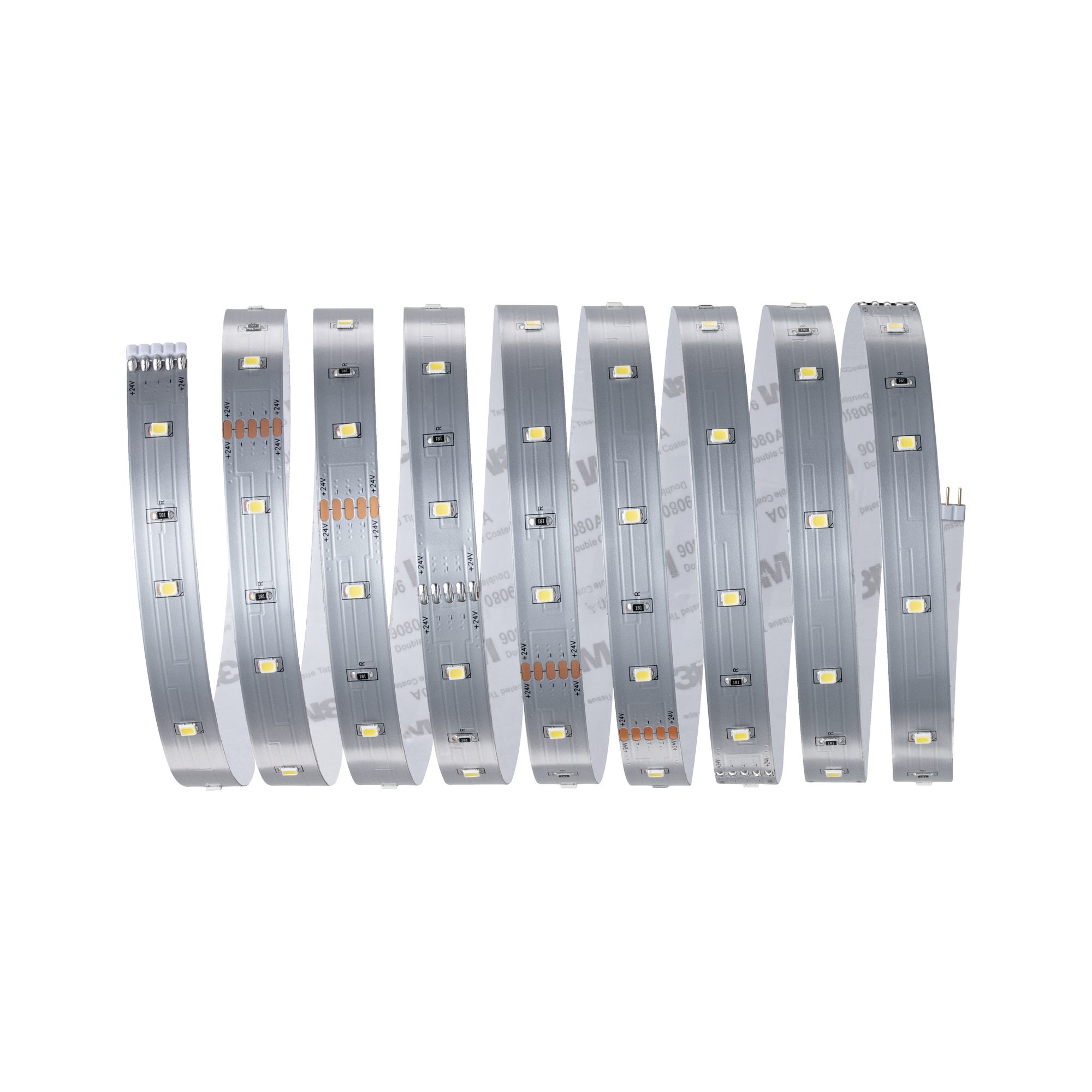 Mehrere Abschnitte von LED-Streifen in Wellenform auf weißem Hintergrund gebogen.