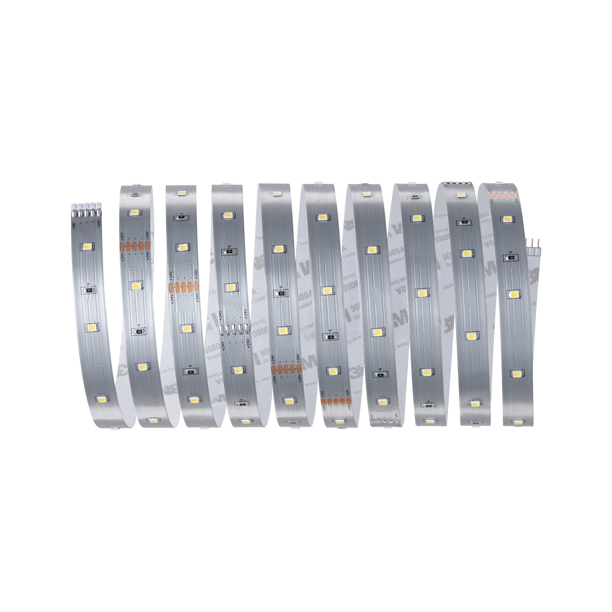 Streifen von LED-Leuchten, aufgerollt, mit Kleberücken und Lichtern.