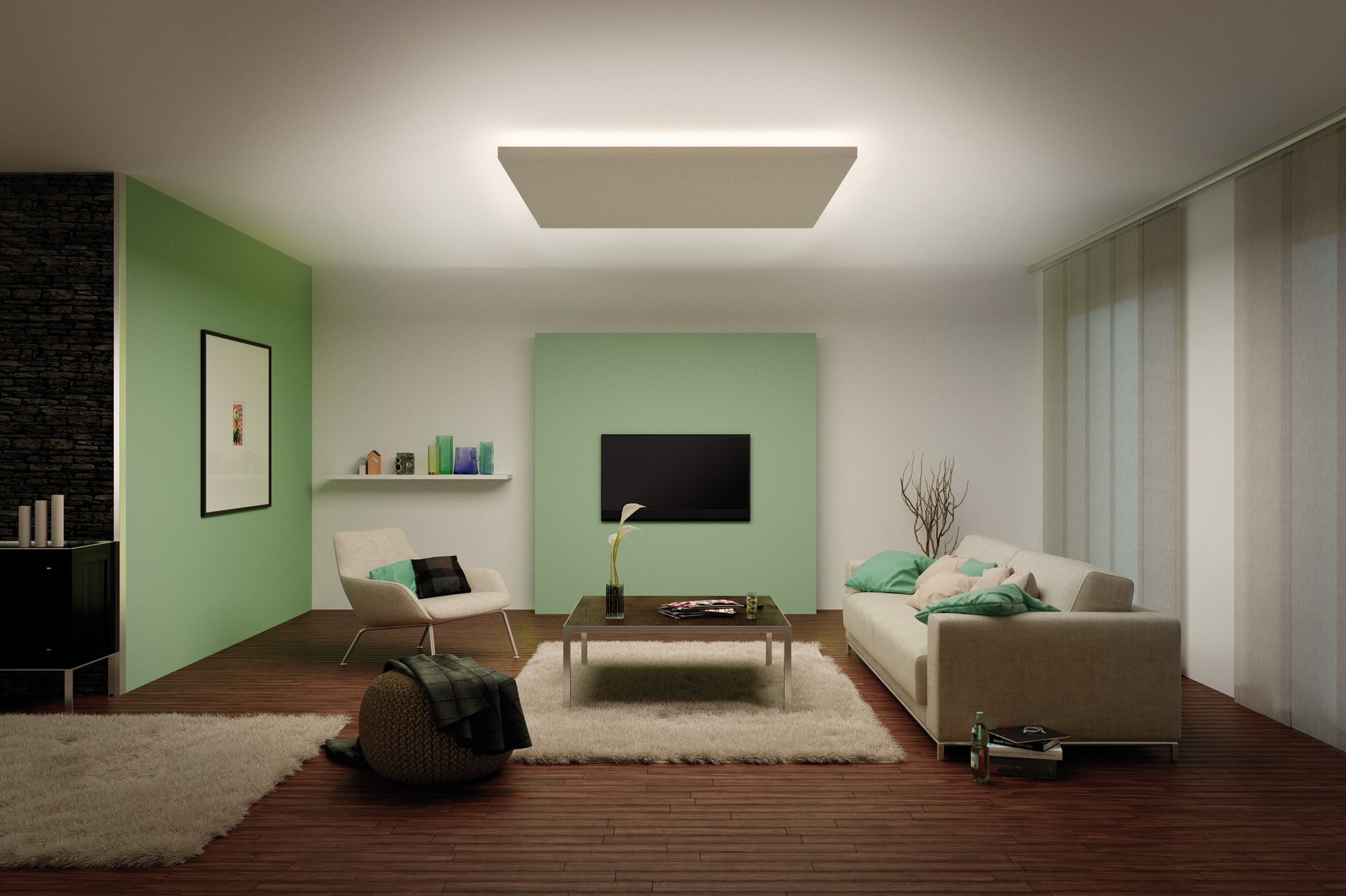 Wohnzimmer mit Couch, Teppich, Fernseher und weißen Wänden.