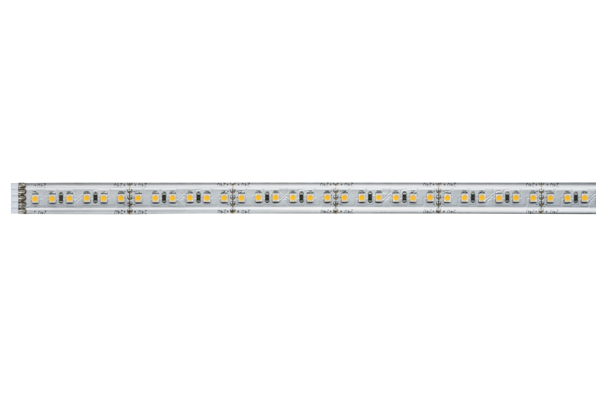 Ein langer LED-Lichtstreifen mit kleinen gelben Lichtern wird auf weißem Hintergrund angezeigt.