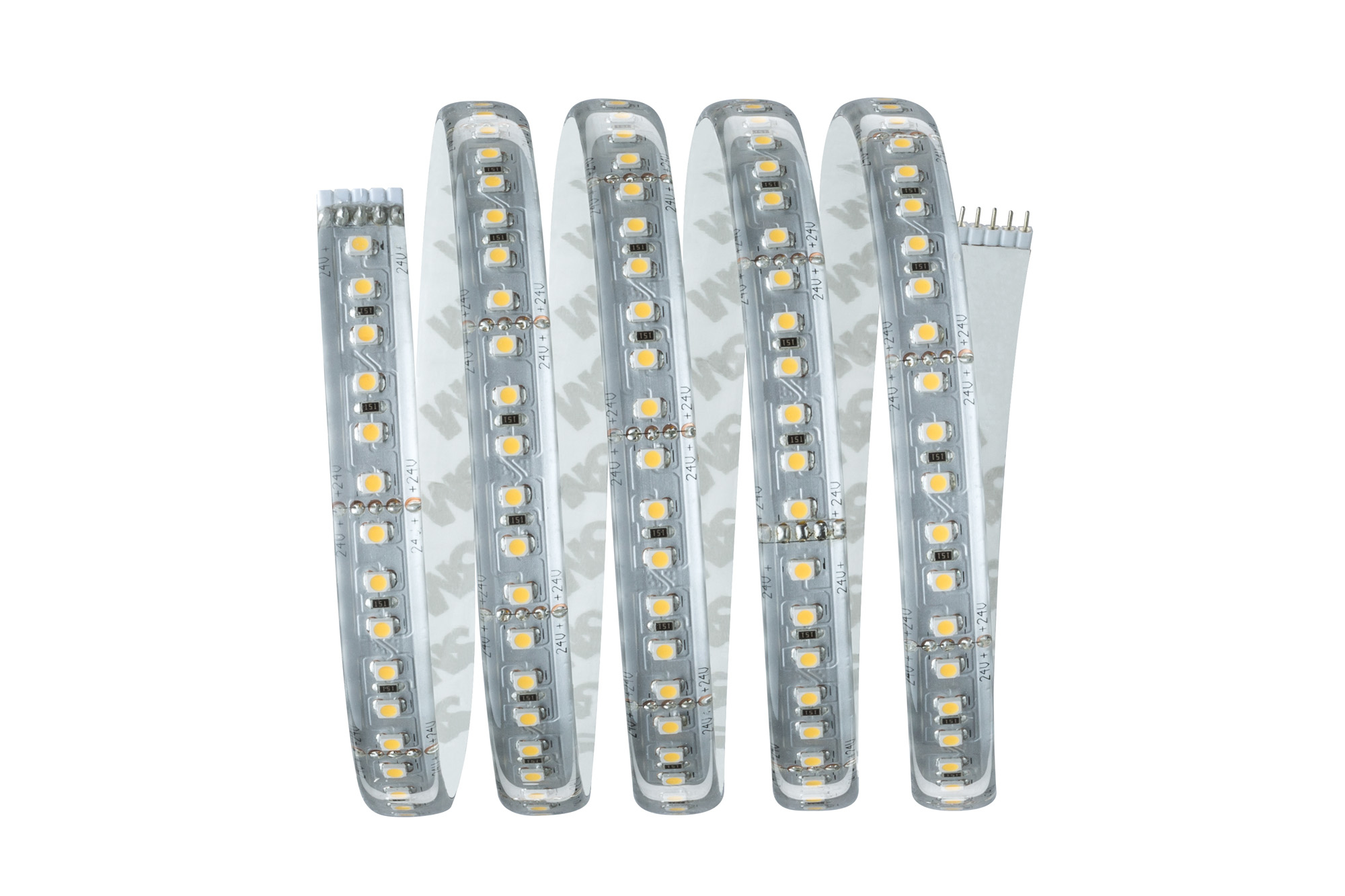 Ein aufgerolltes LED-Band mit Kleberückseite. Das Band ist weiß, mit vielen kleinen, gelben LEDs.