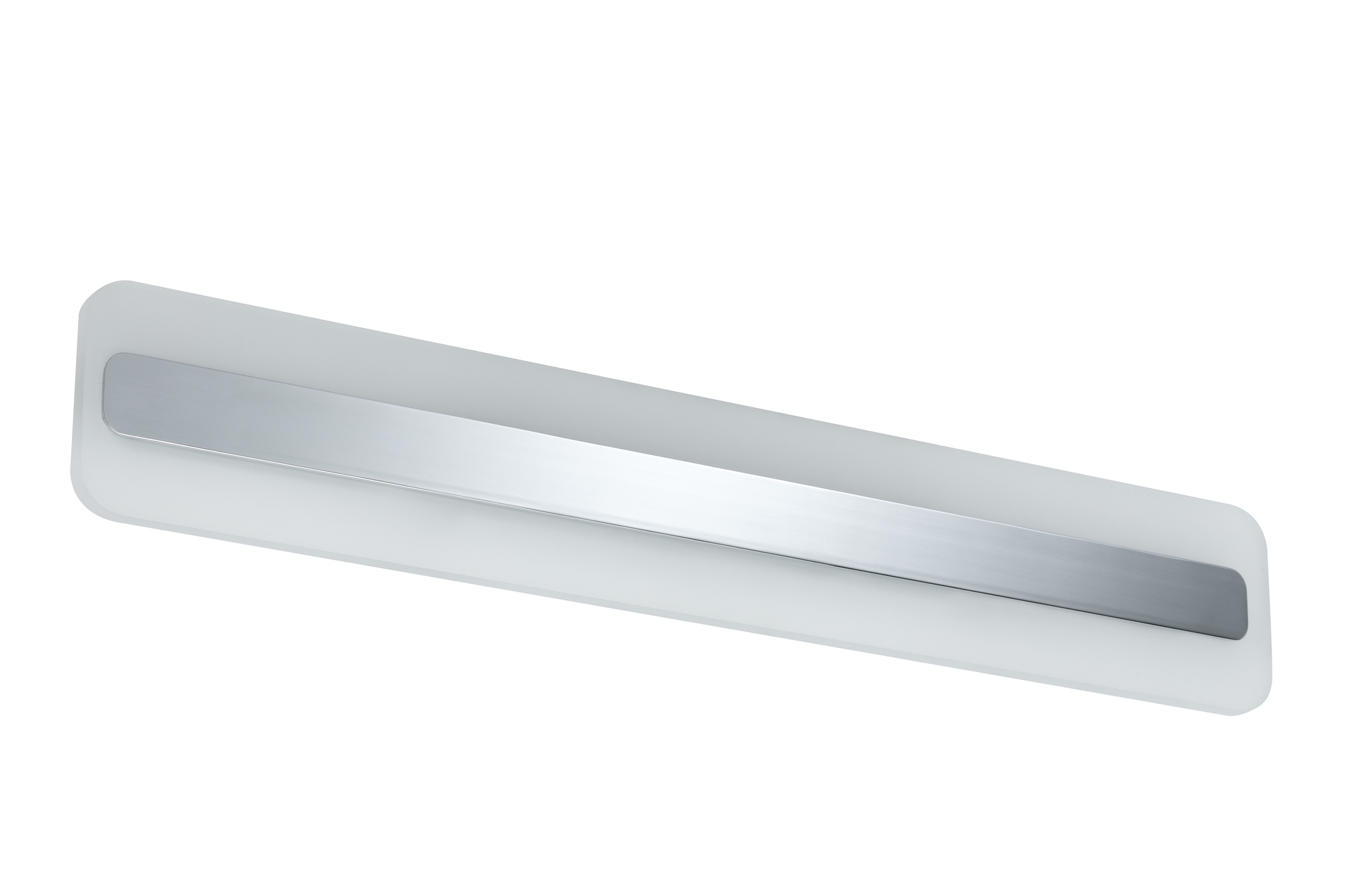 Eine weiße LED-Leuchte mit einem silbernen Metallstab in der Mitte. Weißer Hintergrund.