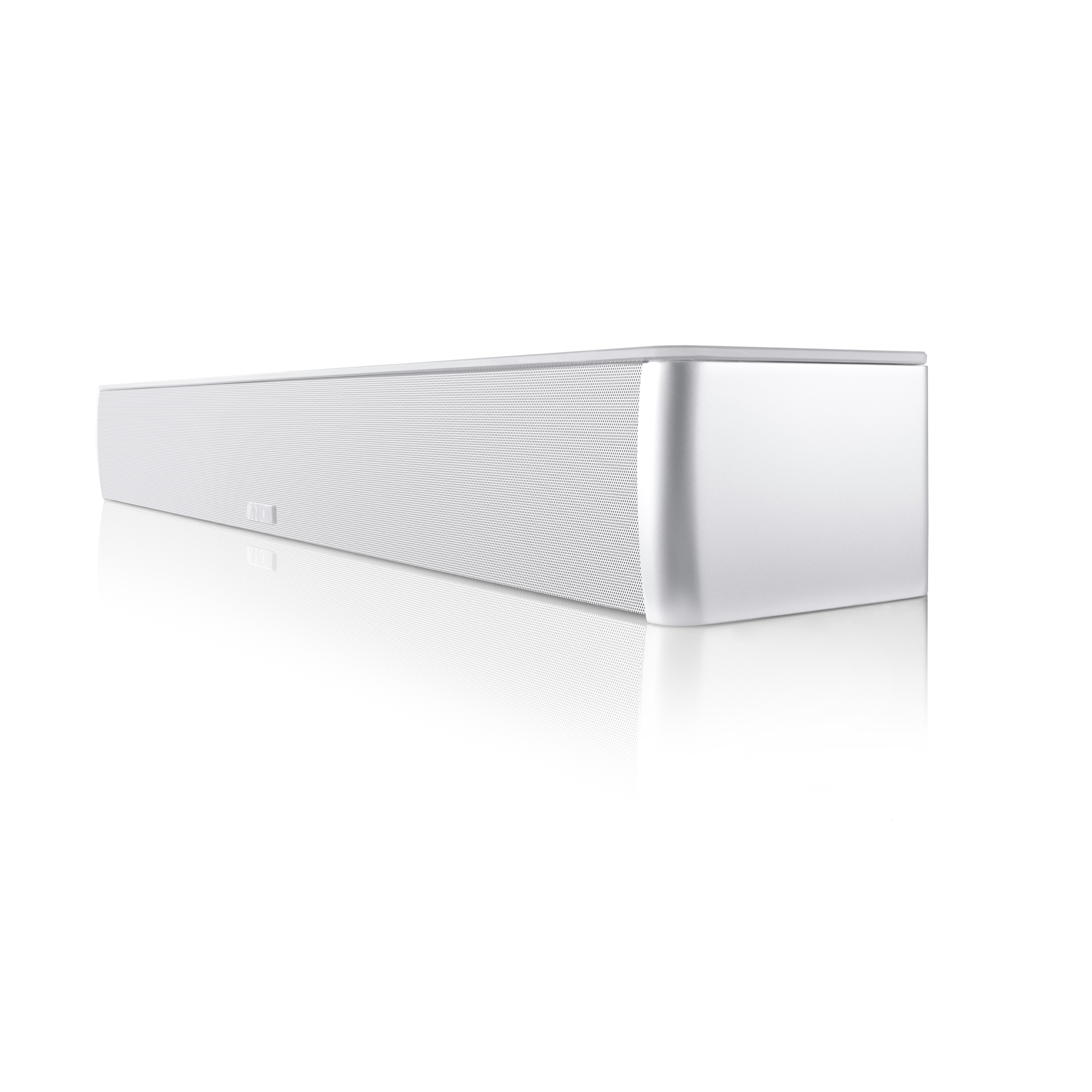 Weißer rechteckiger Soundbar mit silberner Umrandung auf weißem Hintergrund, Form wird reflektiert.