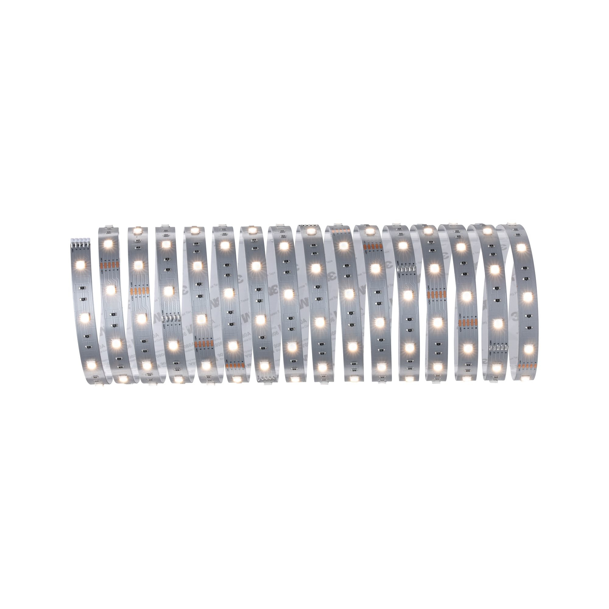 Rolle mit LED-Lichtstreifen, flexibel, mit mehreren kleinen Lichtern entlang der Länge, weißer Hintergrund.