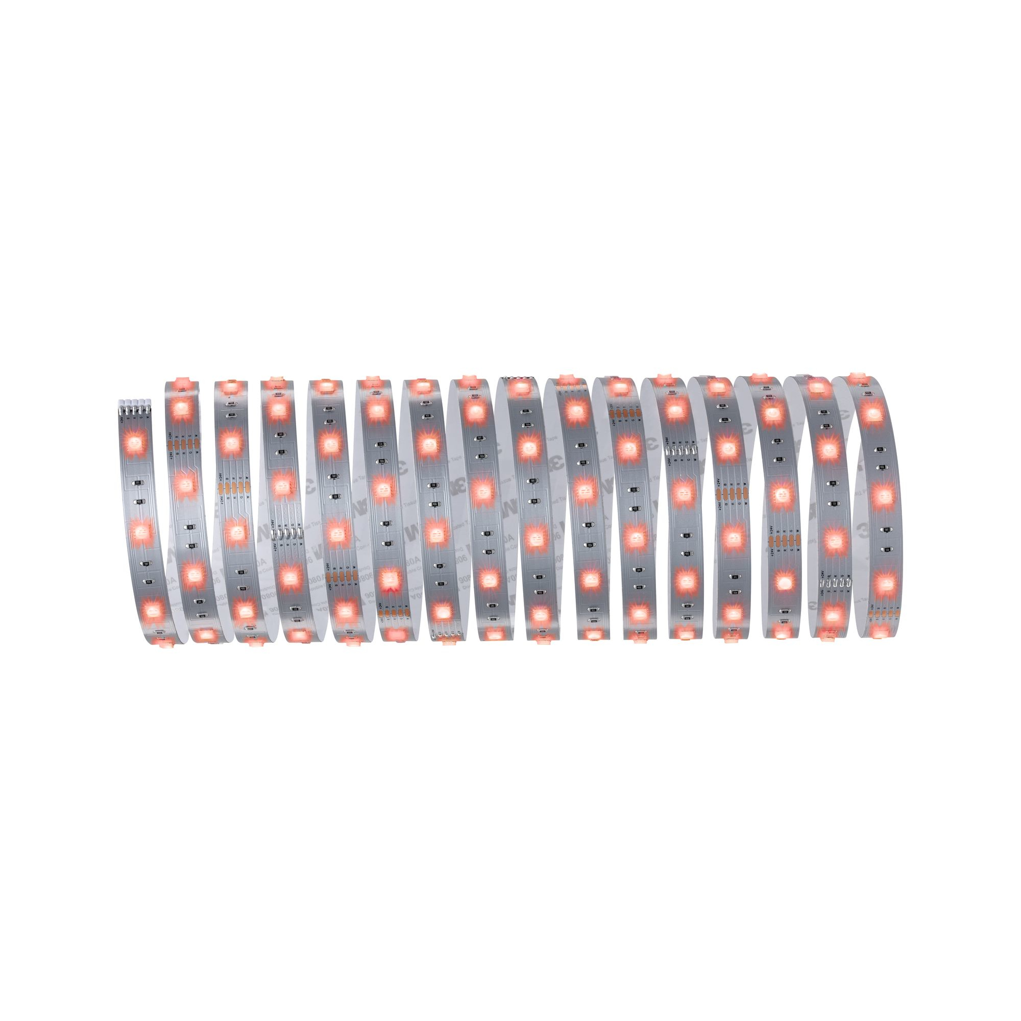 Eine Rolle LED-Streifen mit orangen Lichtern. Weißer Hintergrund.