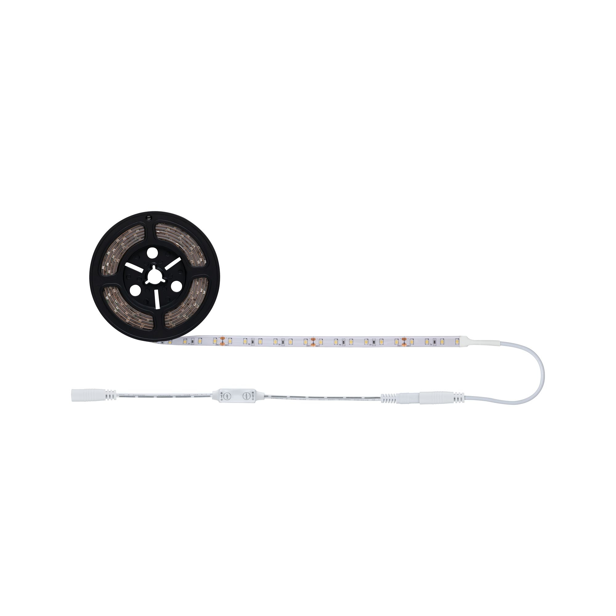 LED-Streifen, schwarze Rolle, weißer Stecker und ein Abschnitt mit Lichtern.