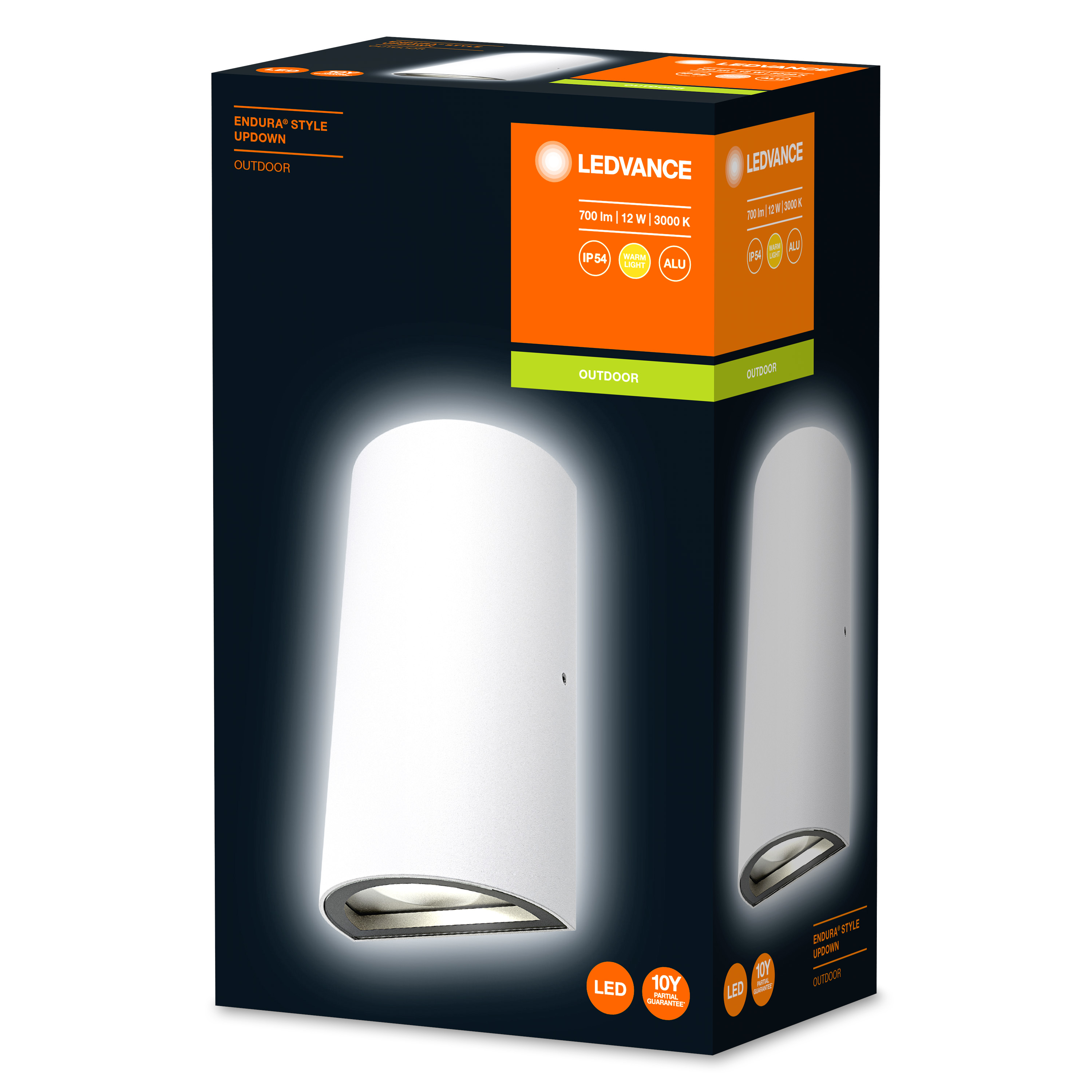 Scatola luminosa a LED per esterni con un apparecchio di illuminazione bianco e una scatola grigio scuro, etichettata LEDVANCE.
