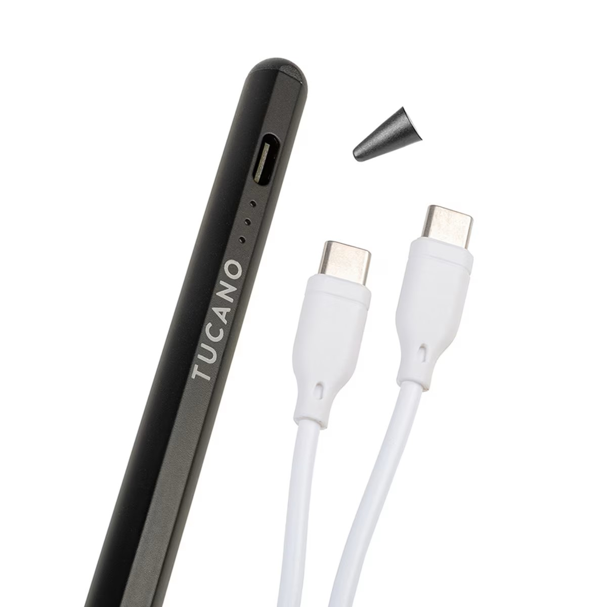 Czarny rysik z białymi kablami ładującymi i wymienną końcówką na białym tle.