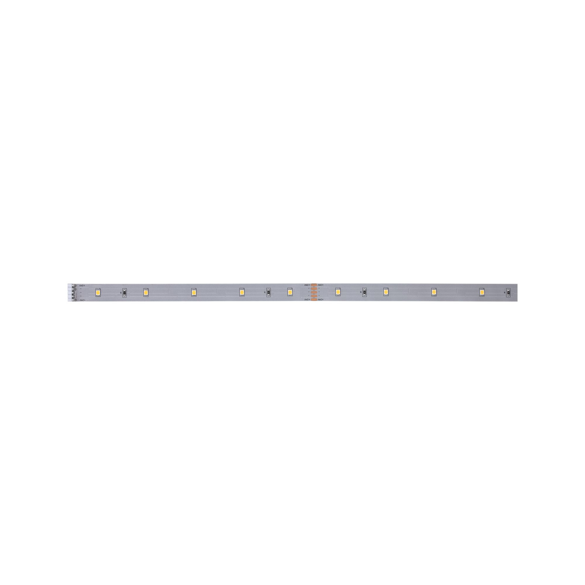 Una striscia di luci LED su sfondo bianco. La striscia è dritta con LED distanziati uniformemente.
