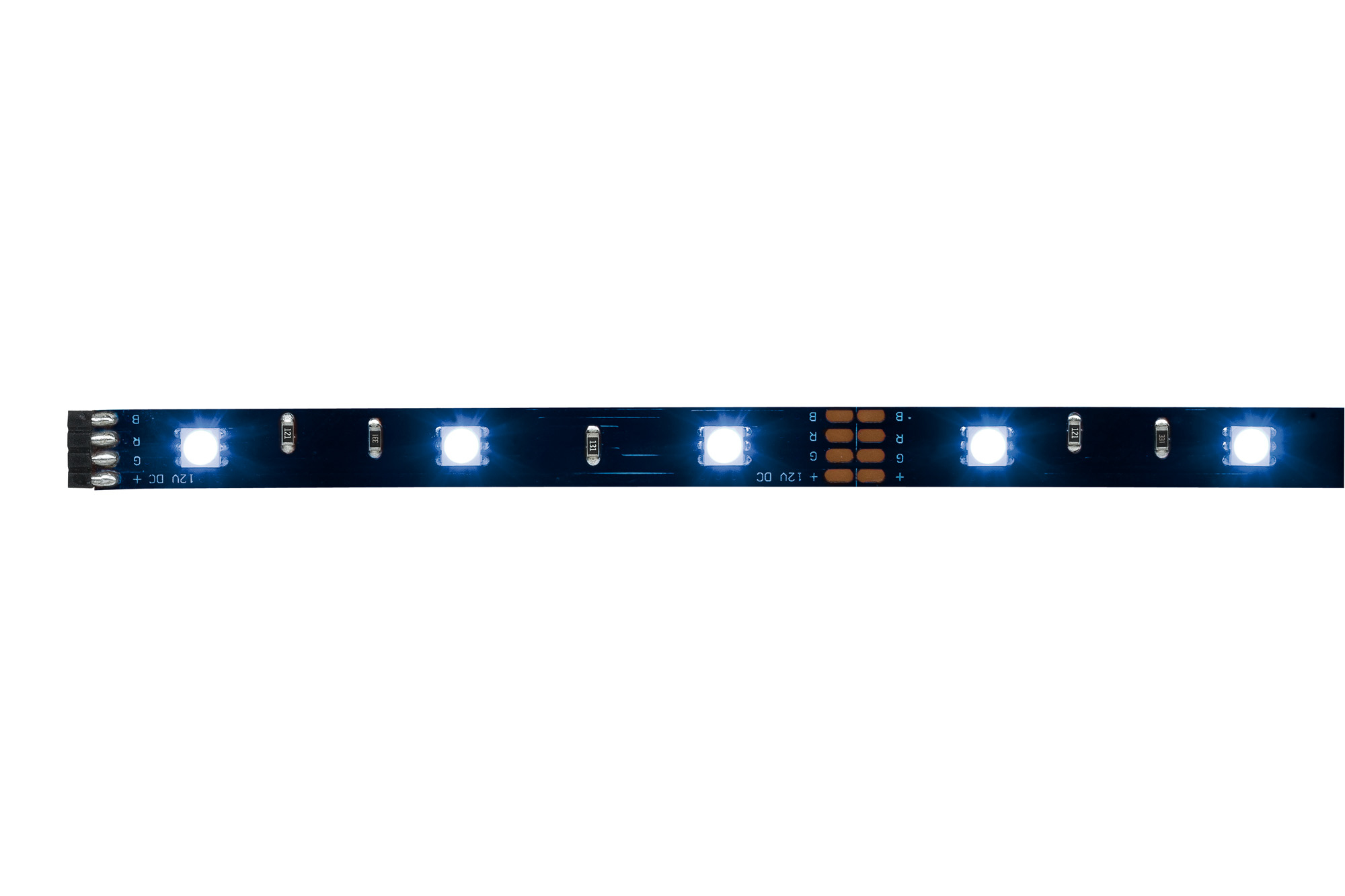 Ein Streifen mit LED-Leuchten. Der Streifen ist schwarz mit gleichmäßig verteilten, hellen, weißen Lichtern. Text auf dem Streifen.