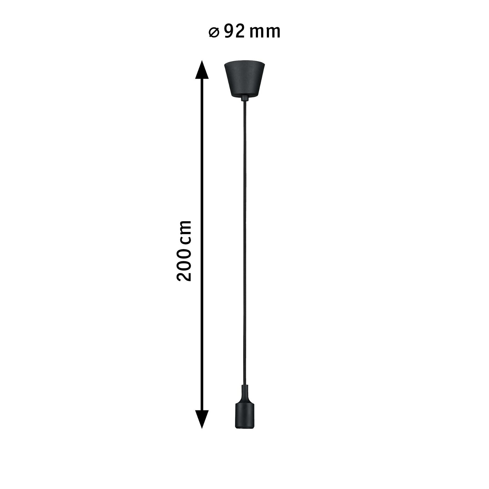 Lampada a sospensione nera con paralume nero e lungo cavo nero. La dimensione è 92 mm x 200 cm.