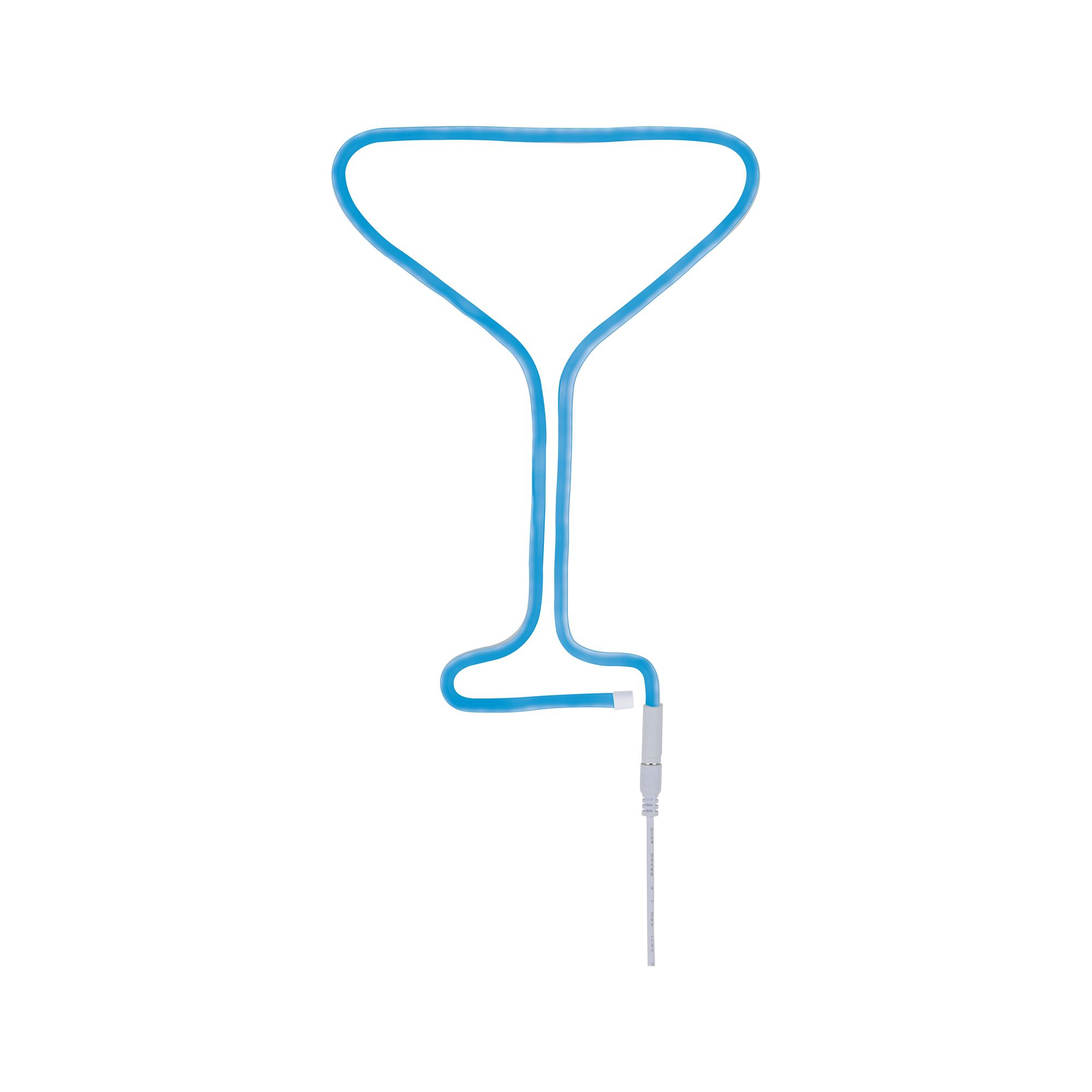 Niebieski neonowy kształt kieliszka do martini z kablem i białym złączem.