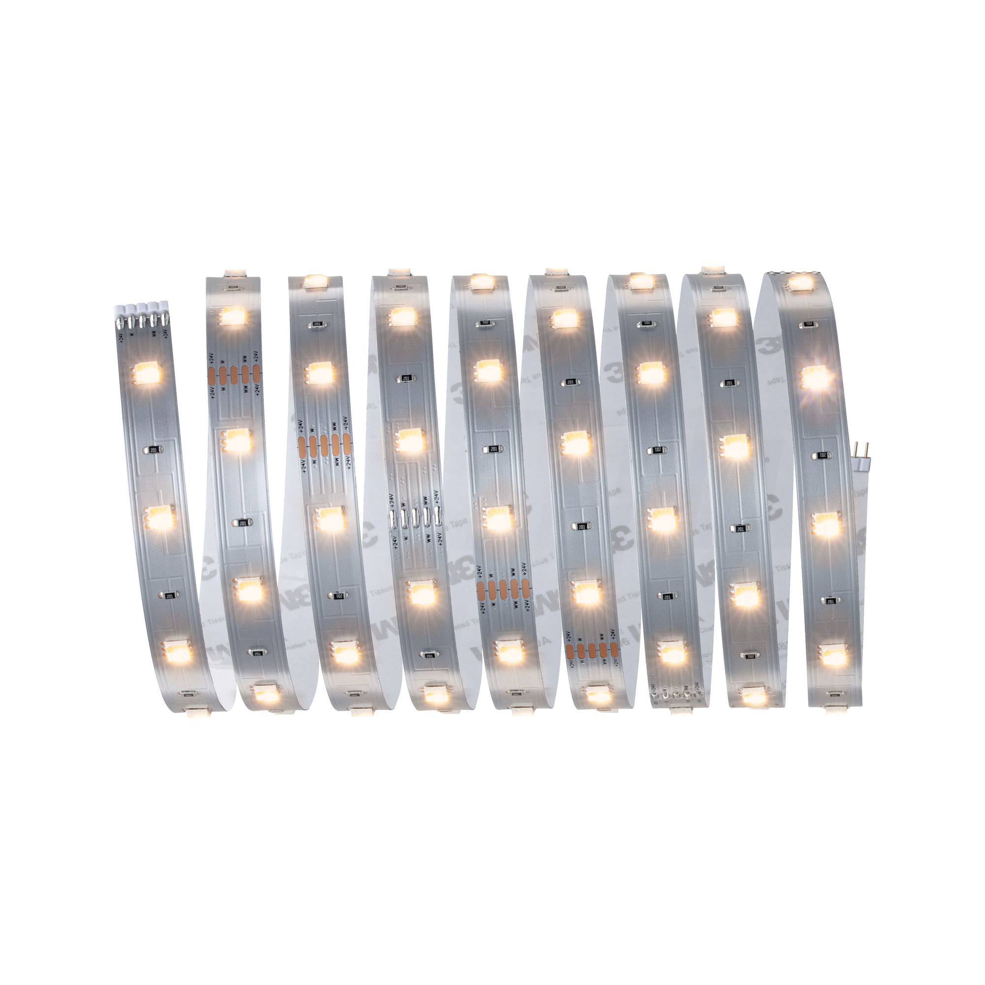 Eine Rolle LED-Lichtleisten. Die Leisten sind in einer Reihe angeordnet, die die Lichter zeigt. Weißer Hintergrund.
