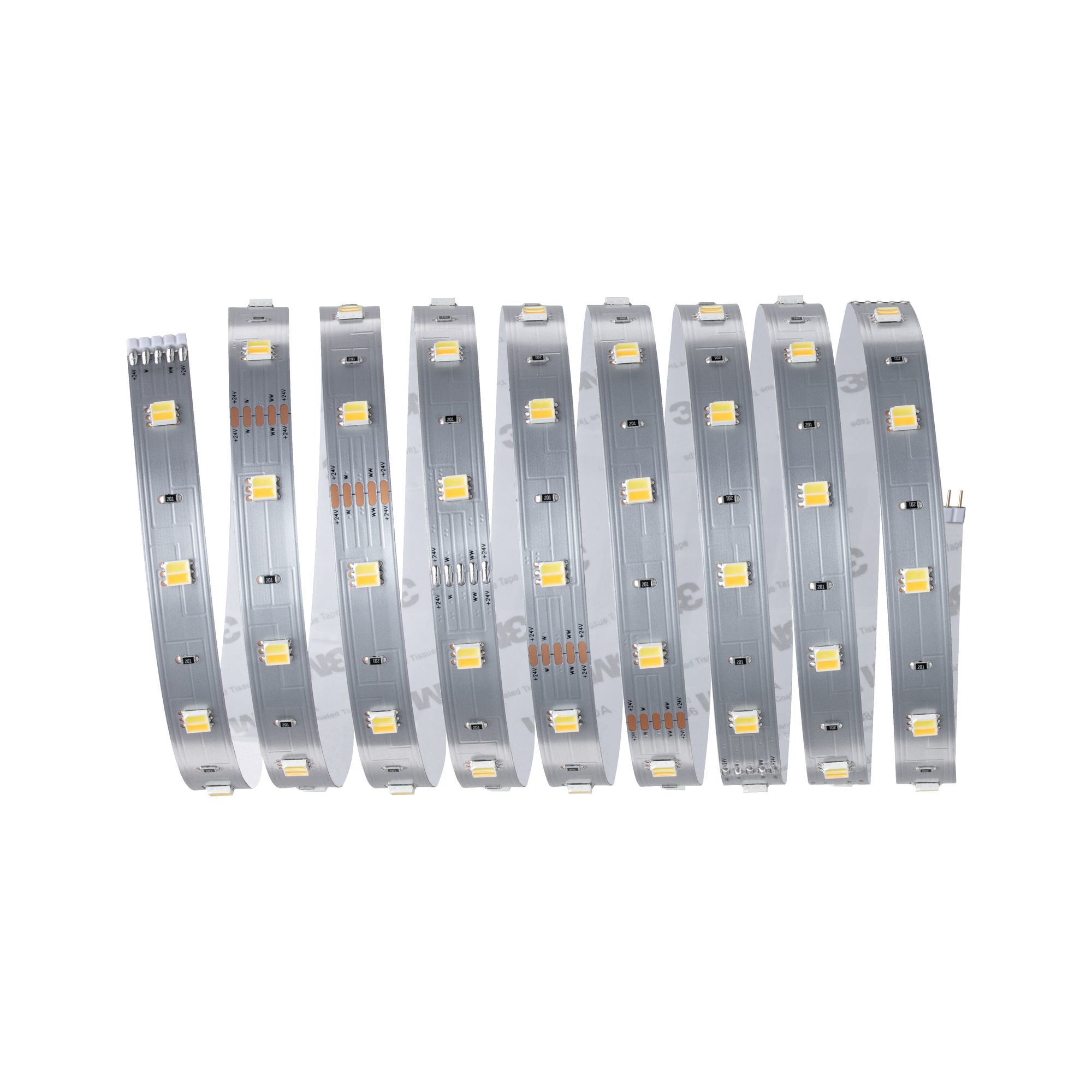 LED-Lichtband mit silberner Rückseite und mehreren LED-Leuchten.