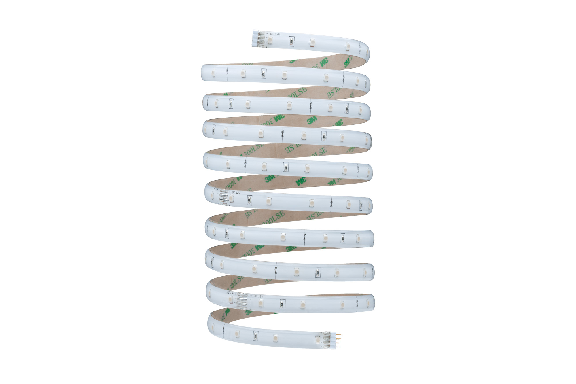Un rotolo di luci a strisce LED è mostrato. Le luci a strisce sono bianche con LED e hanno un retro adesivo.