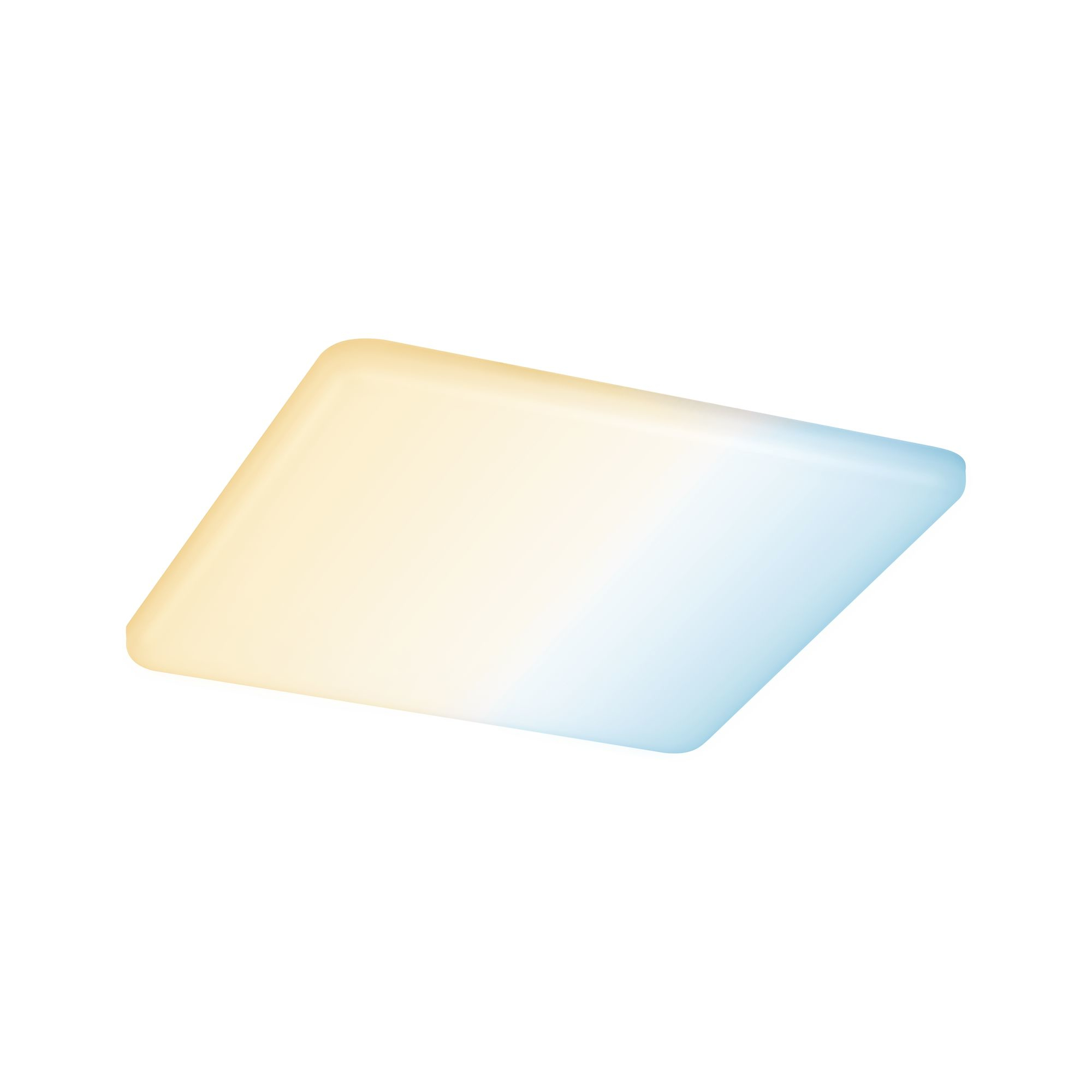 Apparecchio di illuminazione quadrato, dai bordi morbidi, con una sfumatura di colore dal giallo al blu.
