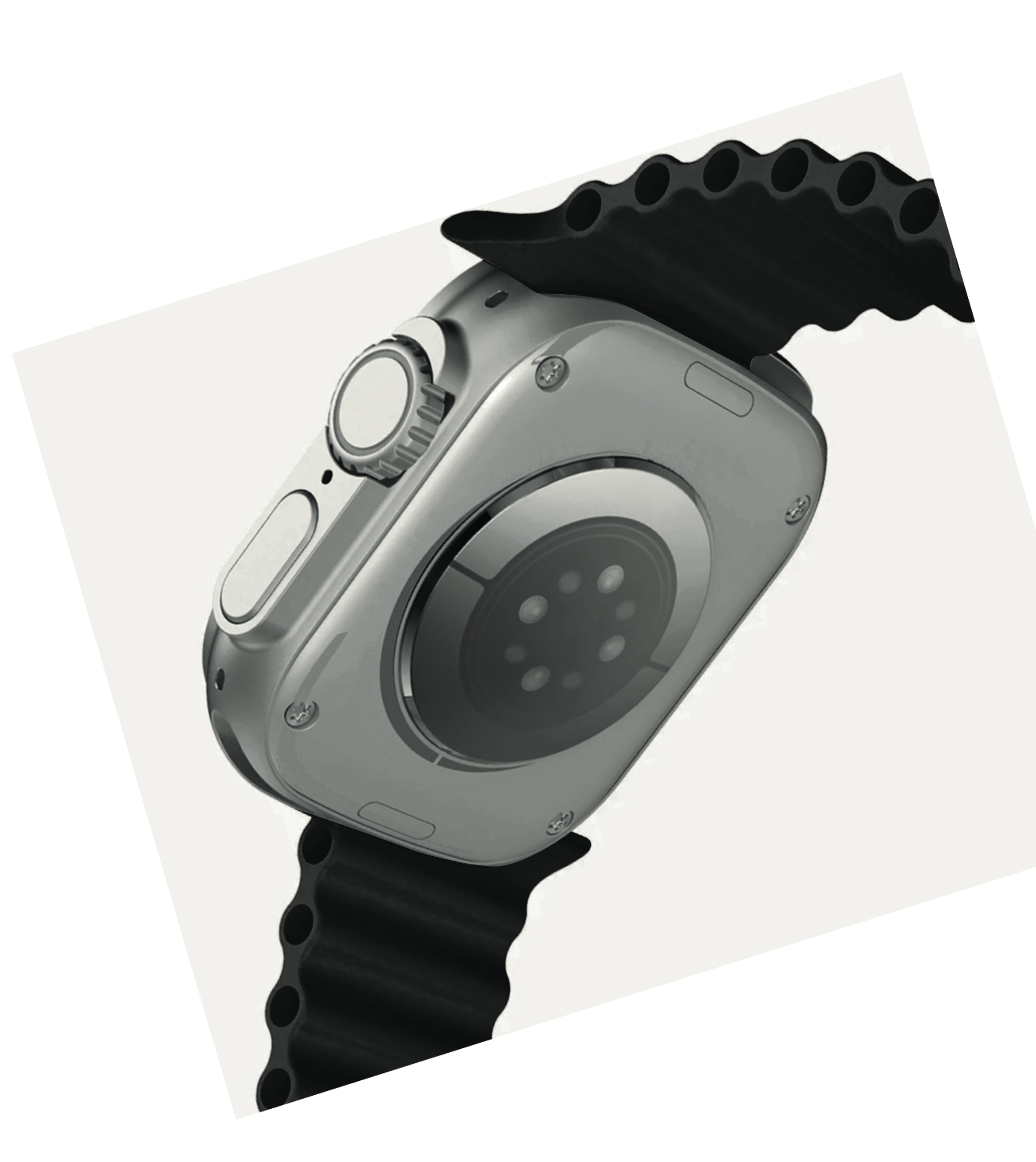 Retro dell'Apple Watch Ultra. Argento, cinturino nero e sensori visibili. Scatto angolato.