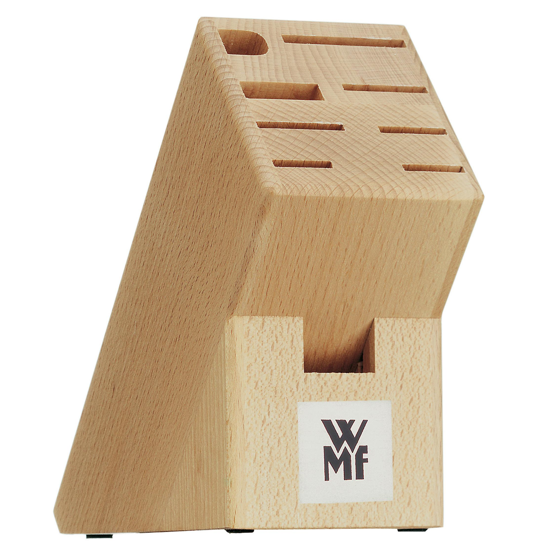 Messerblock aus Holz mit mehreren Schlitzen. Das WMF-Logo befindet sich unten.