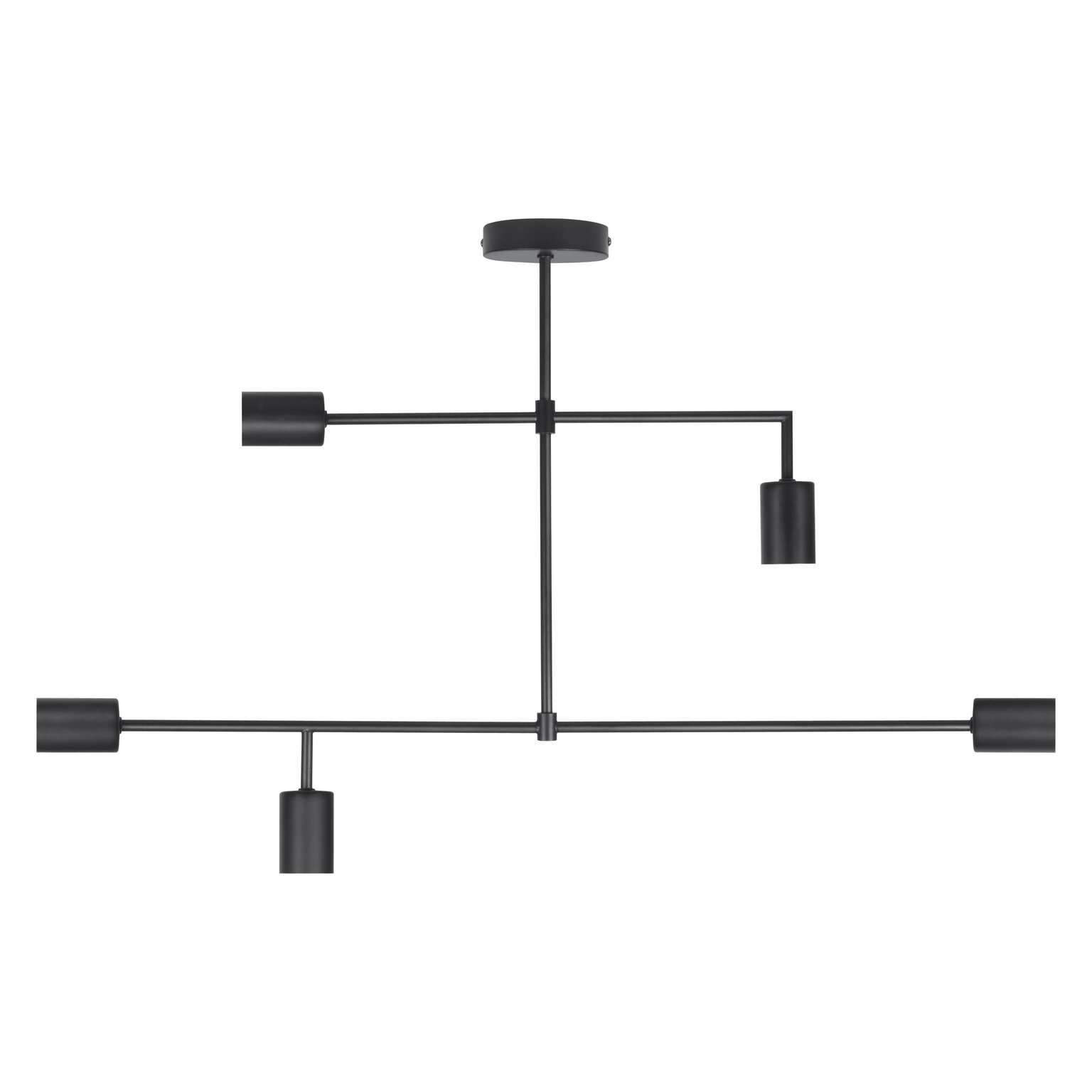 Lampada da soffitto nera moderna. Quattro bracci con luci si estendono dallo stelo centrale.