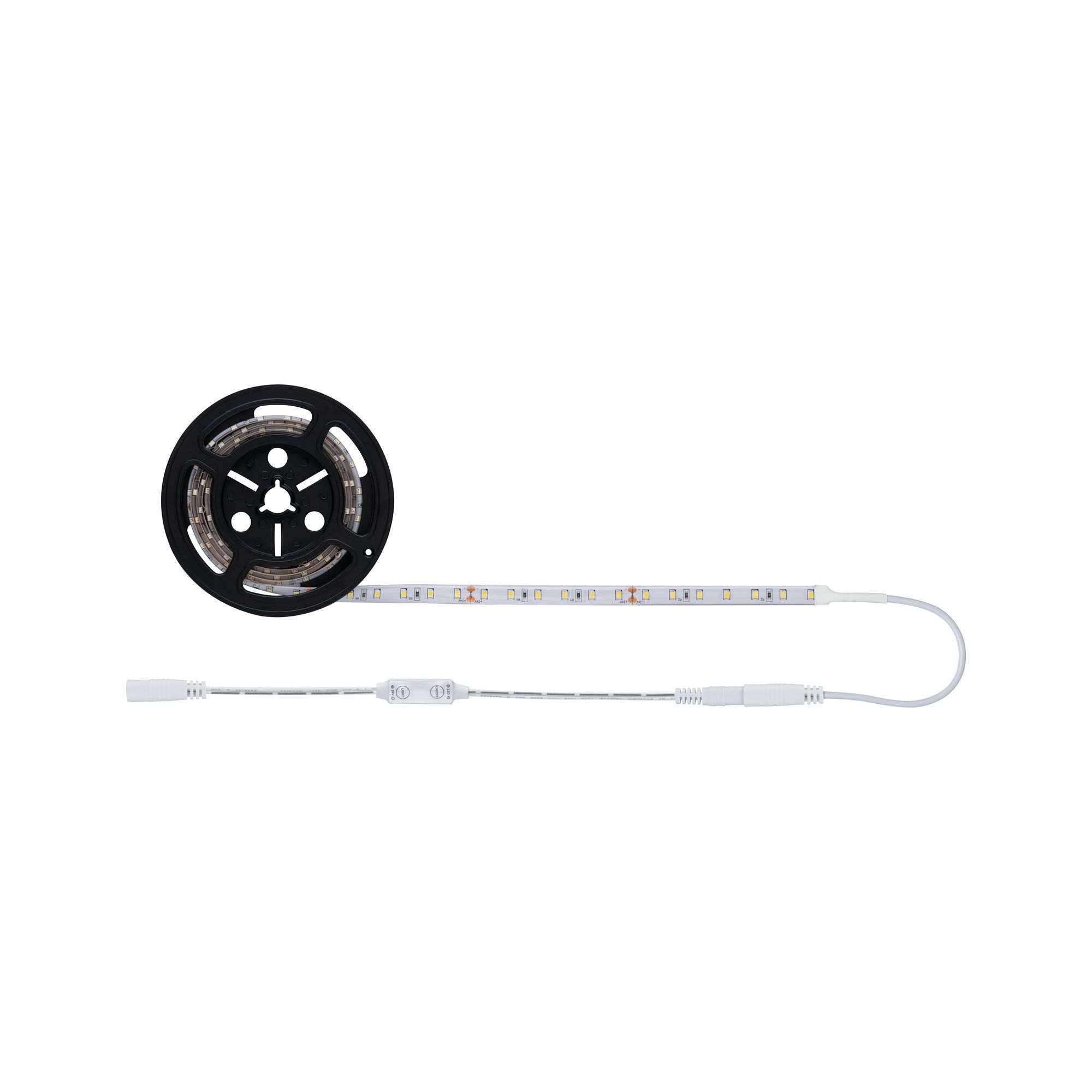 LED-Lichtband aufgerollt, mit Stromkabel, Schalter und Stecker. Weißer Hintergrund.
