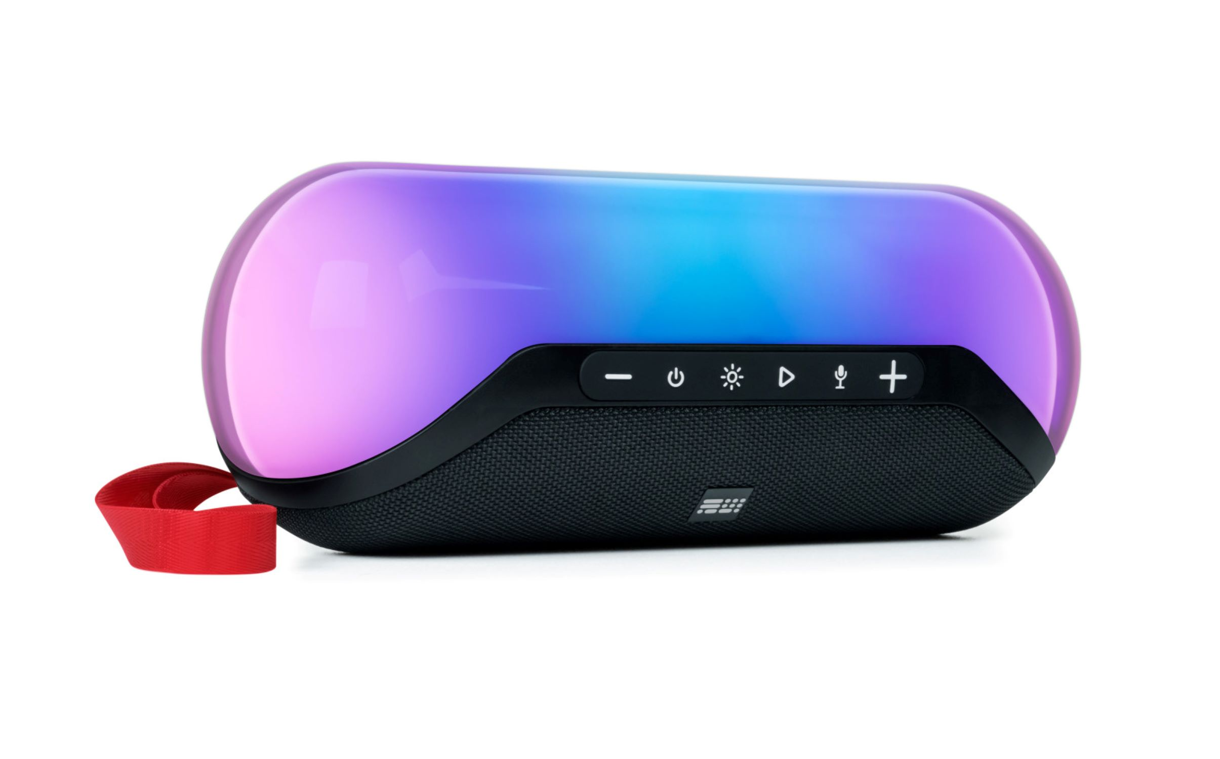 Kolorowy głośnik Bluetooth z czerwonym paskiem.