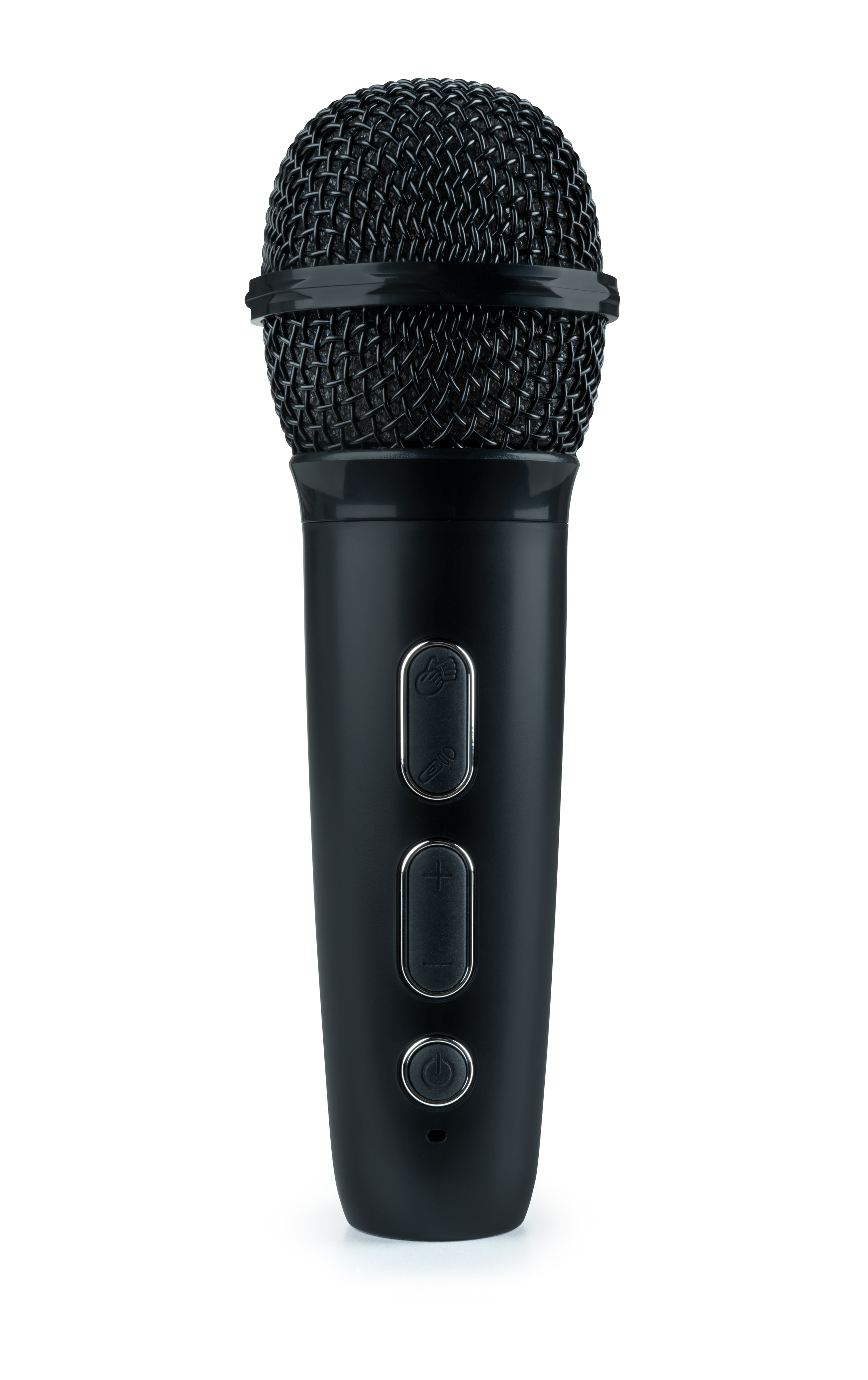 Czarny mikrofon z przyciskami, siatkową głowicą, na białym tle.