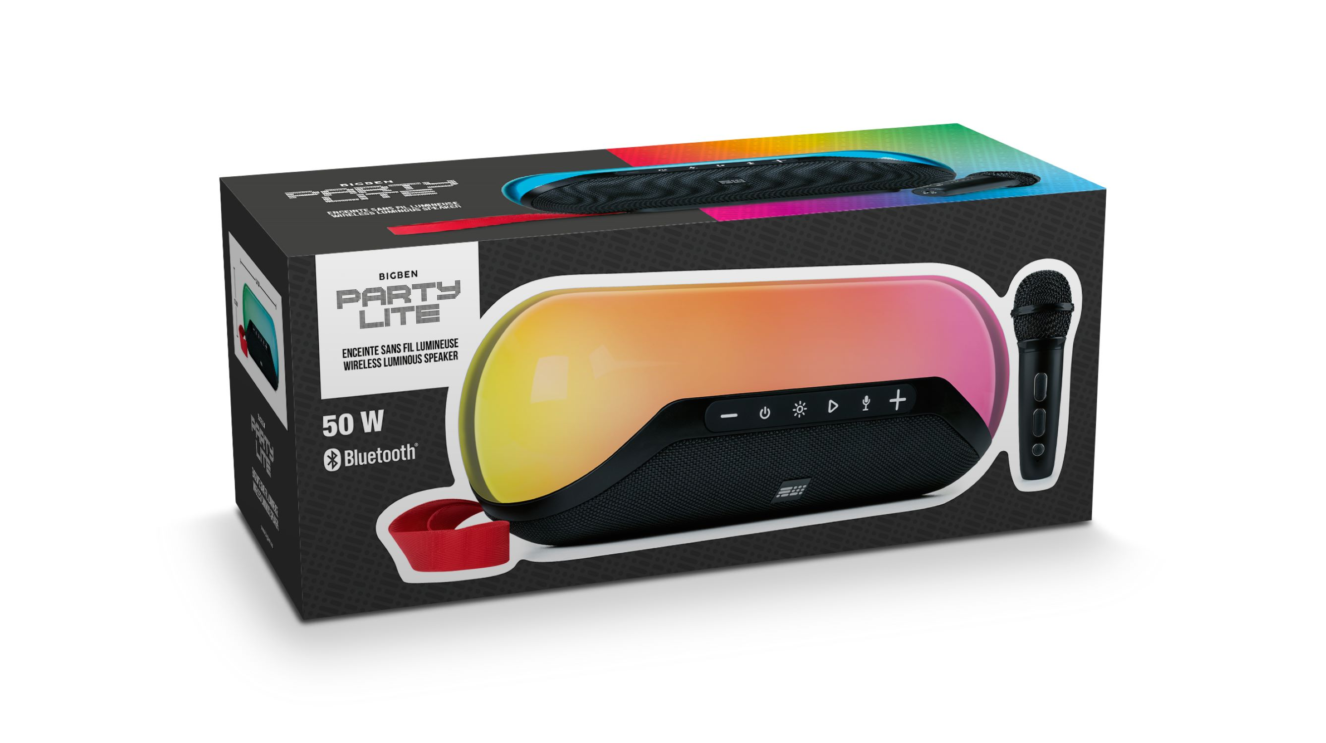 Głośnik imprezowy w pudełku, z mikrofonem i kolorowym efektem świetlnym.