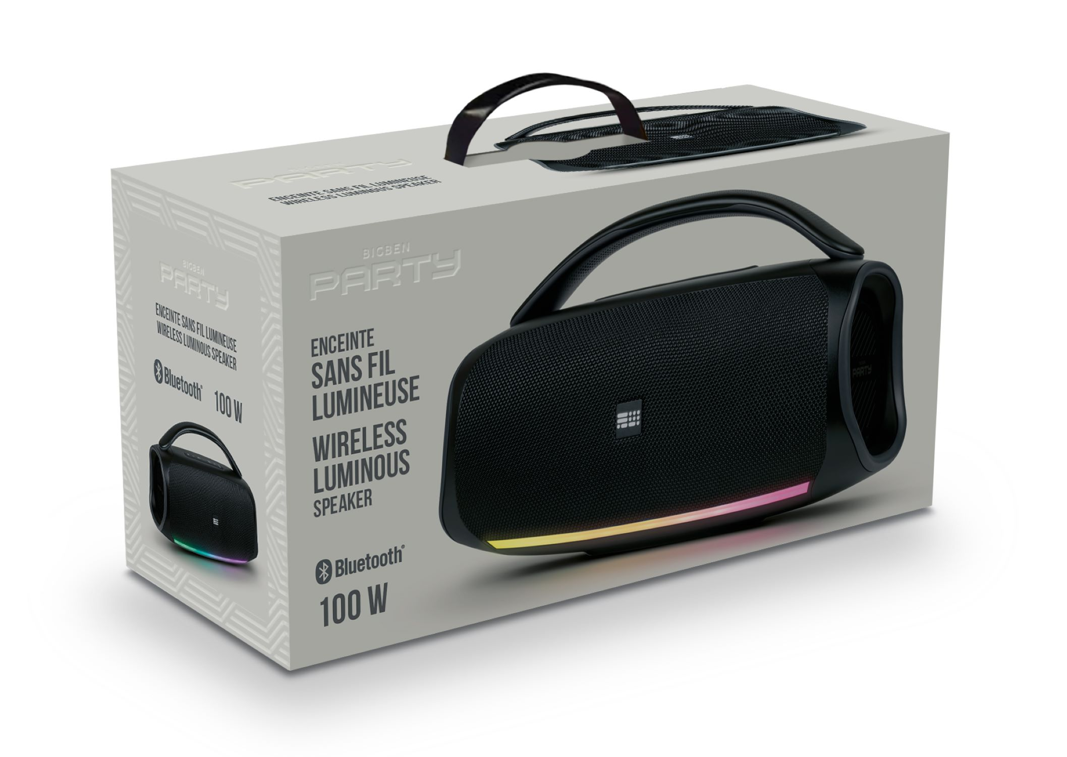 Altoparlante nero in una scatola. Ha una maniglia. Sulla scatola c'è scritto 'Bigben Party Wireless Luminous Speaker'.