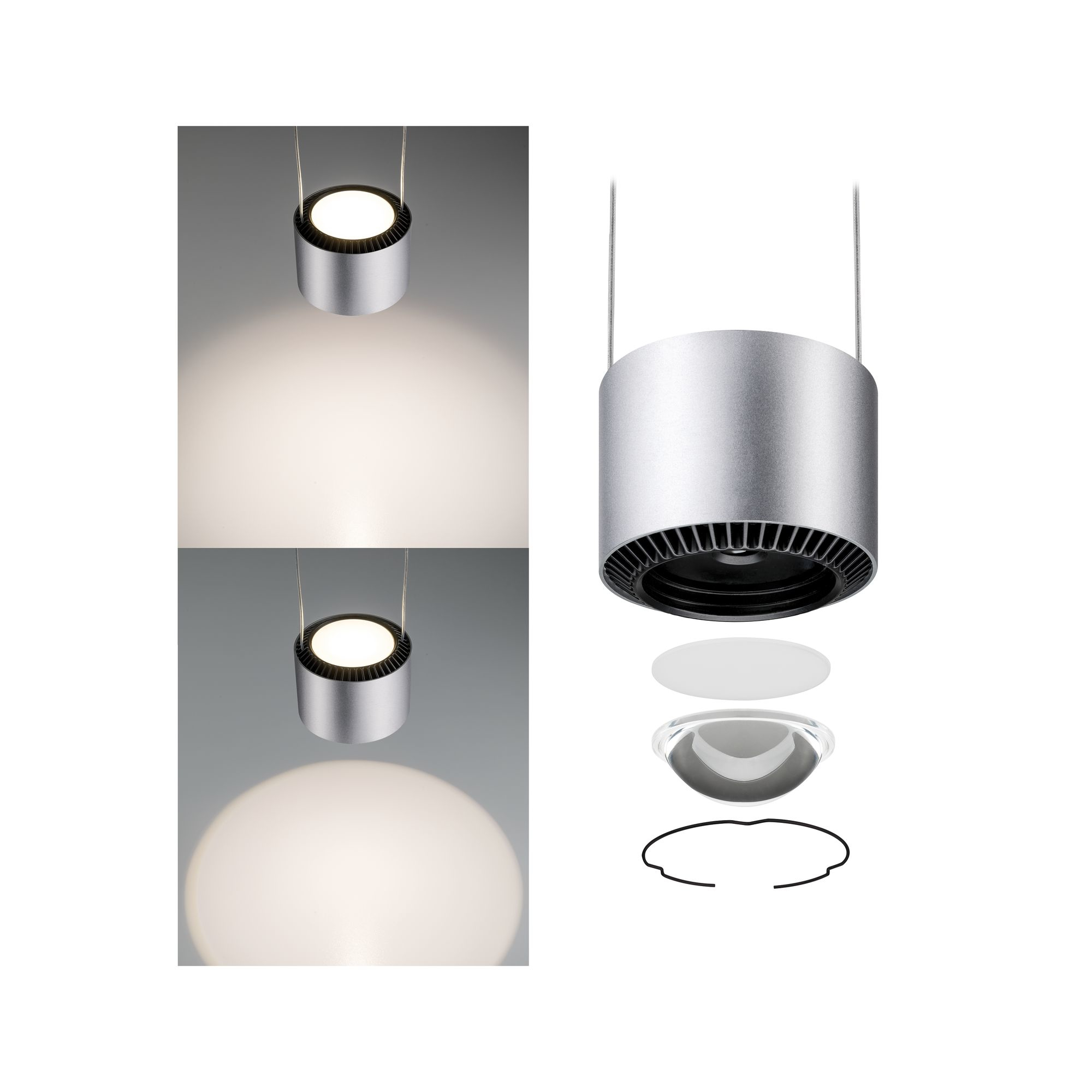 Srebrna lampa wisząca emitująca światło w dół, widok z rozbiciem.