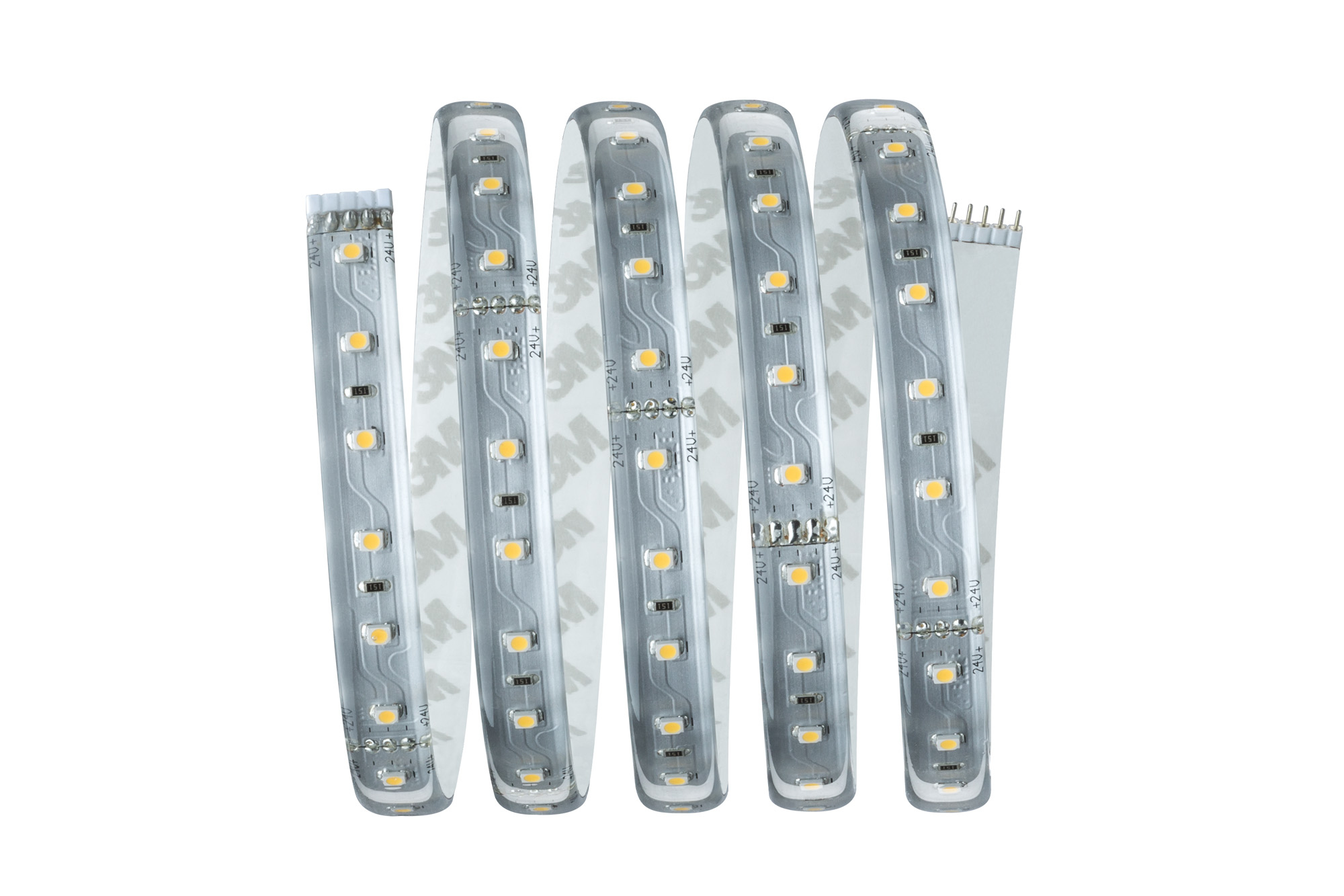 Rolle LED-Streifen, weiß und transparent. Die Lichter sind gelb. Die Rolle befindet sich auf weißem Hintergrund.