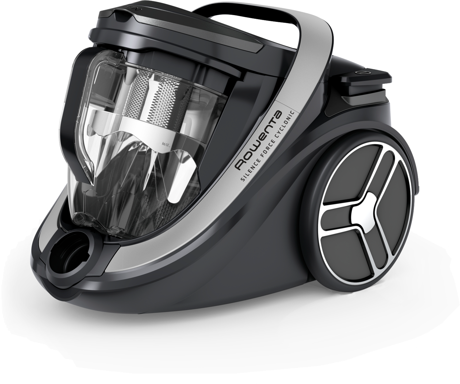 Czarny i srebrny odkurzacz Rowenta Silence Force Cyclonic z dwoma kołami.