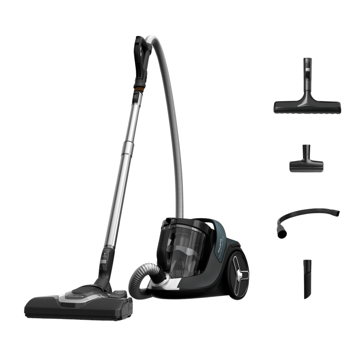 Odkurzacz Rowenta z akcesoriami na czarnym tle.