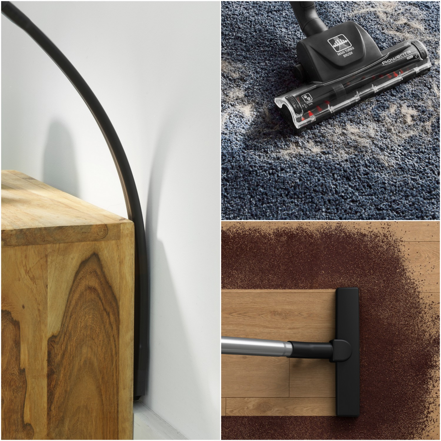 Trzy obrazy: nowoczesna drewniana szafka, odkurzacz i podłoga pokryta okruchami.