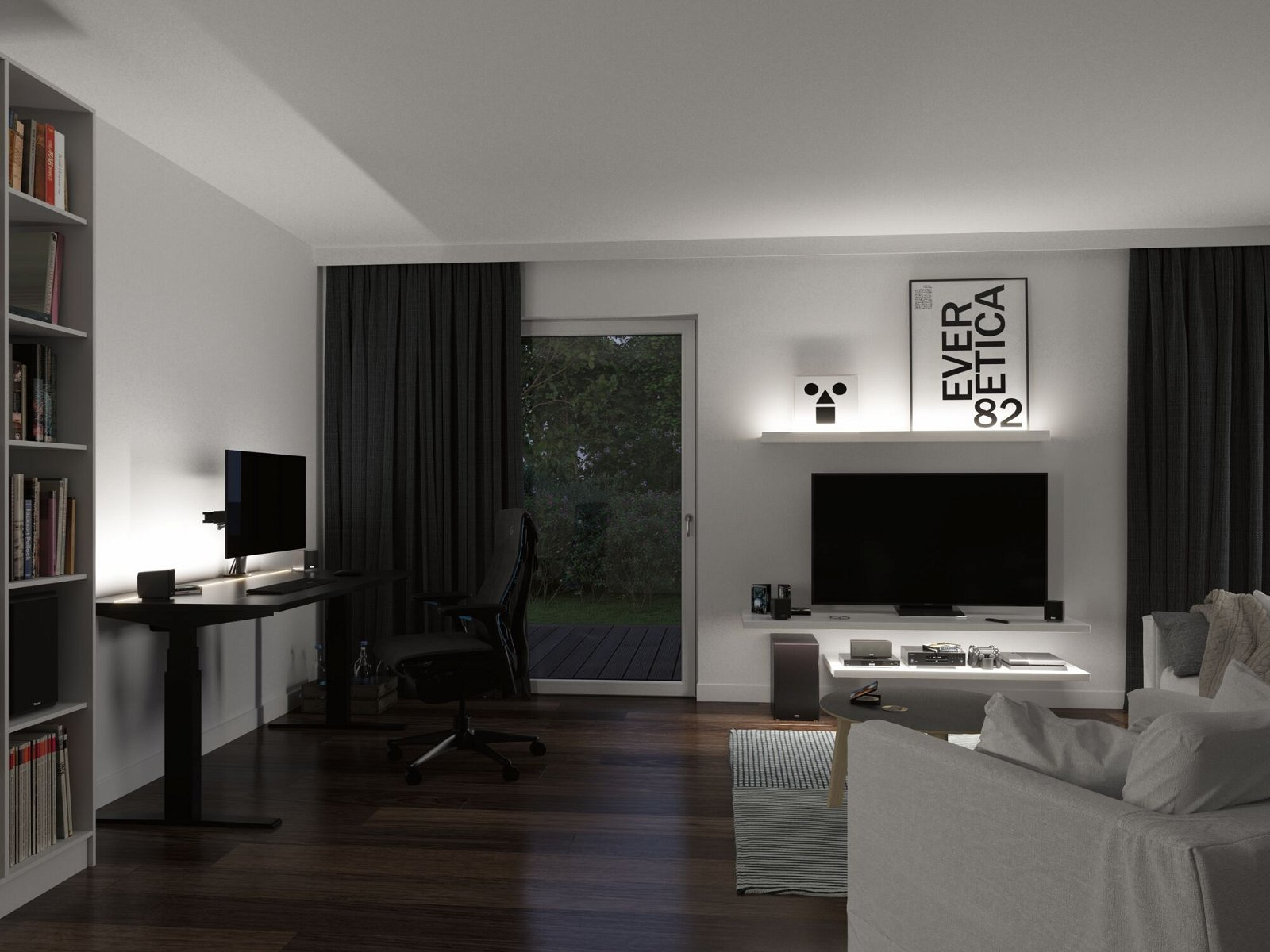 Pokój z biurkiem, komputerem i telewizorem. Pokój ma ciemny motyw.