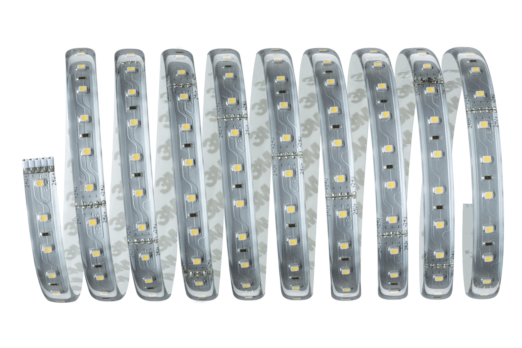 Gerollter LED-Streifen mit weißer Rückseite, der die LEDs und 3M-Marke zeigt.