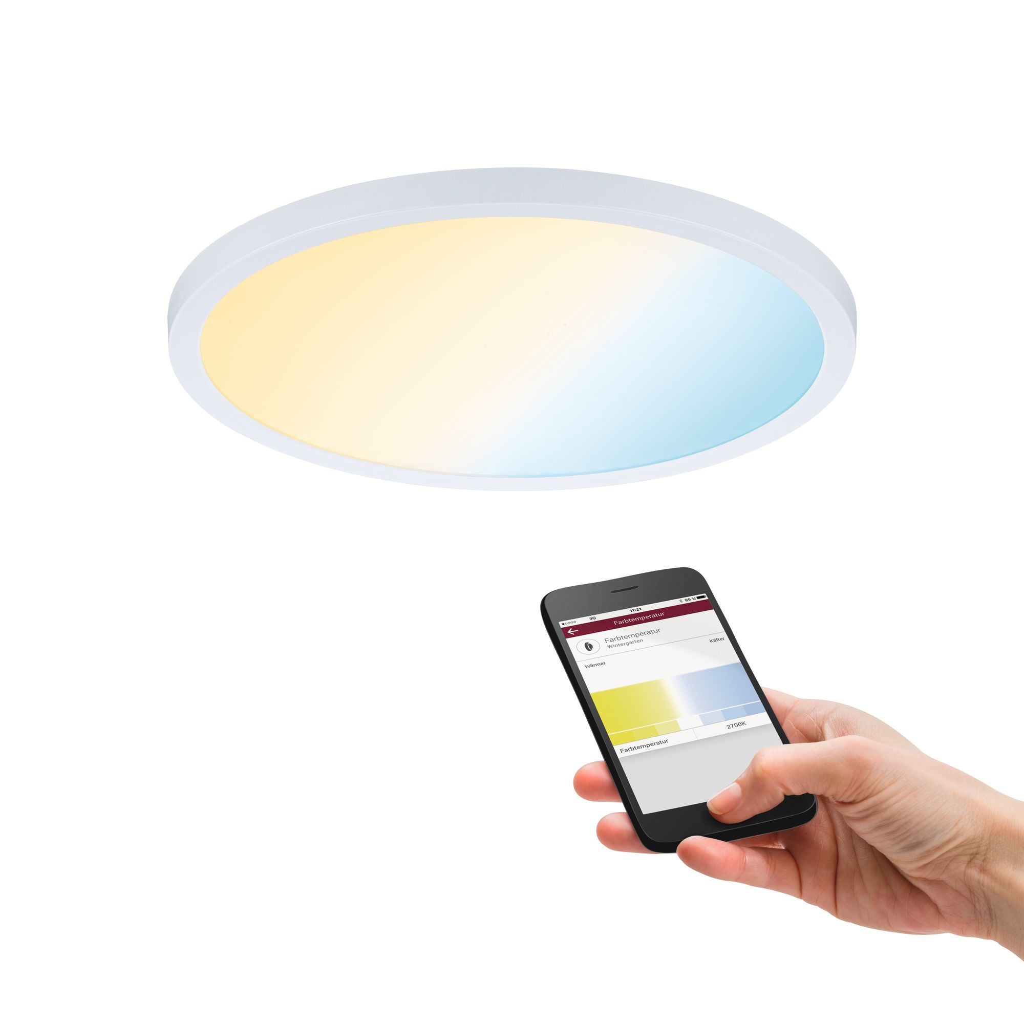 Weiße Deckenleuchte, Farbverlauf von Gelb zu Blau. Hand hält Smartphone, zeigt Einstellungen.