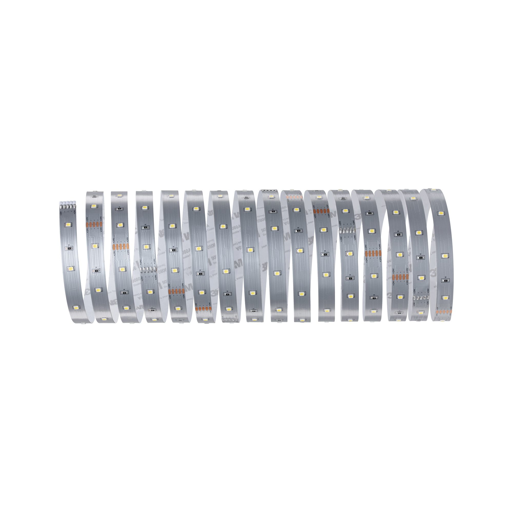 Rolle silberner LED-Lichtstreifen. Die Streifen haben kleine Lichter und eine Kleberückseite.