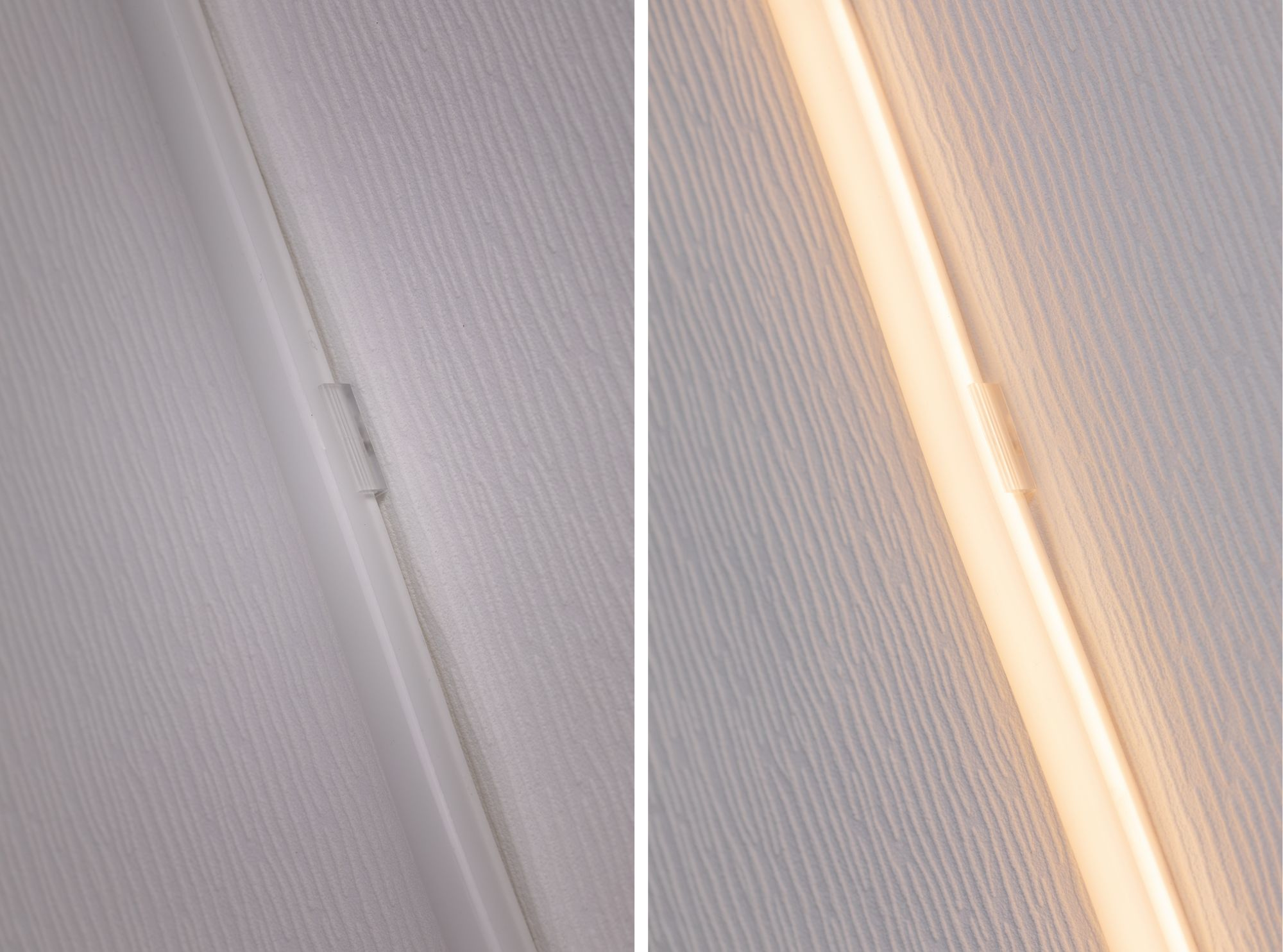 Zwei Bilder eines Lichtstreifens. Eines ist aus, das andere ist an und zeigt warmes Licht.