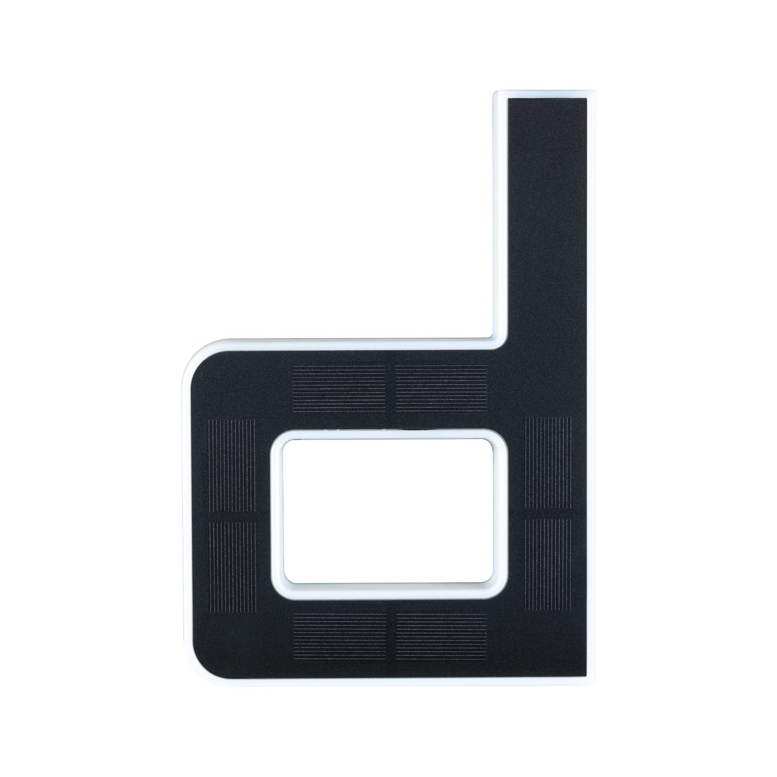 Czarny i biały przedmiot w kształcie litery 'd' z prostokątnym wycięciem.