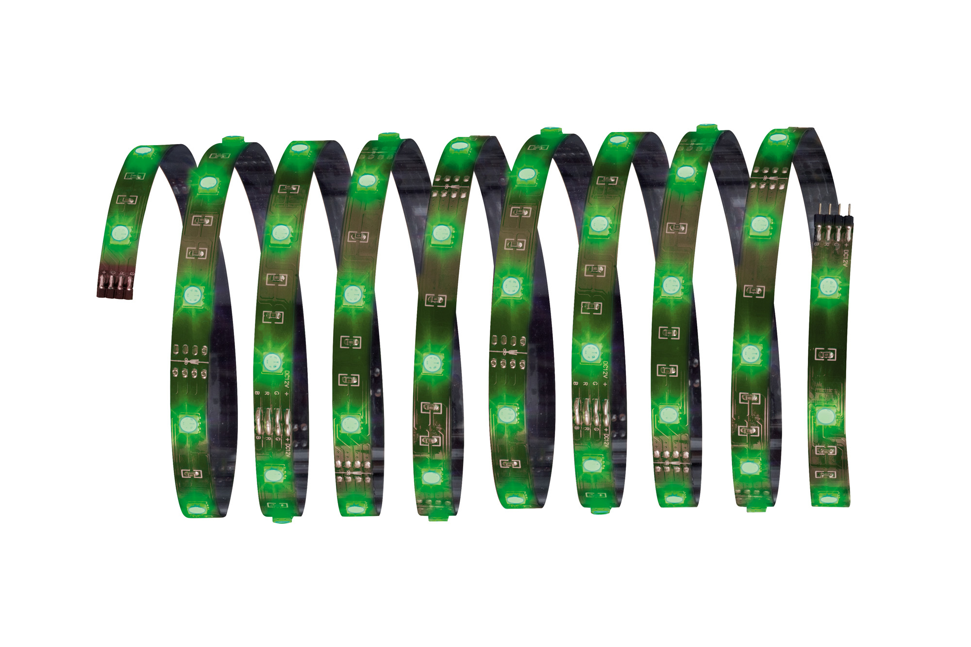 Ein aufgerollter grüner LED-Streifen. Die Lichter sind grün und der Streifen ist schwarz. Weißer Hintergrund.