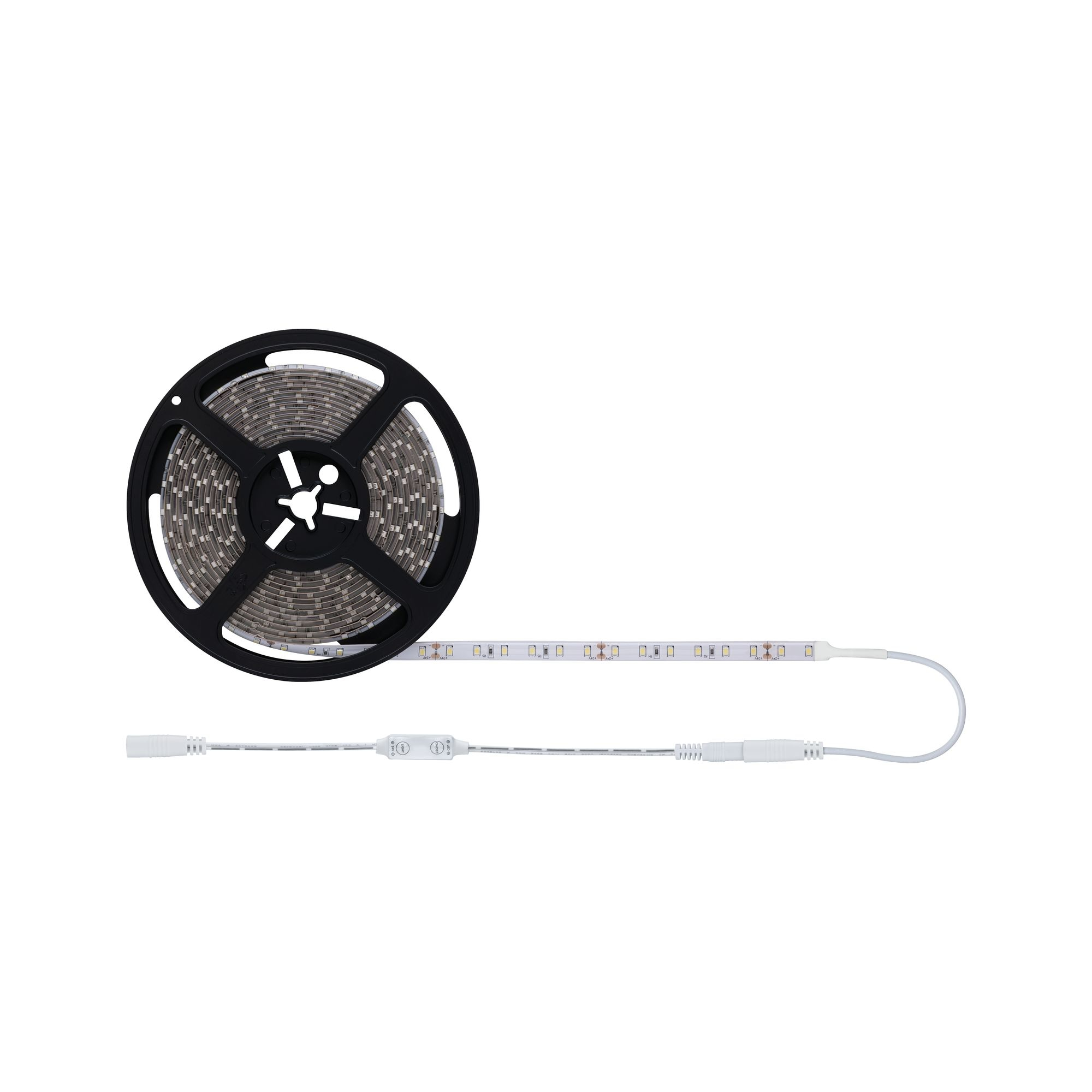 Rolka paska świetlnego LED. Czarna szpula. Białe złącze i kabel. Białe tło.
