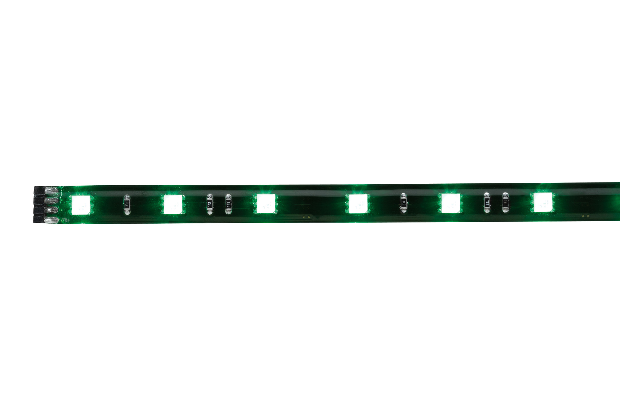 Una striscia luminosa a LED verde su sfondo bianco. I LED sono accesi.