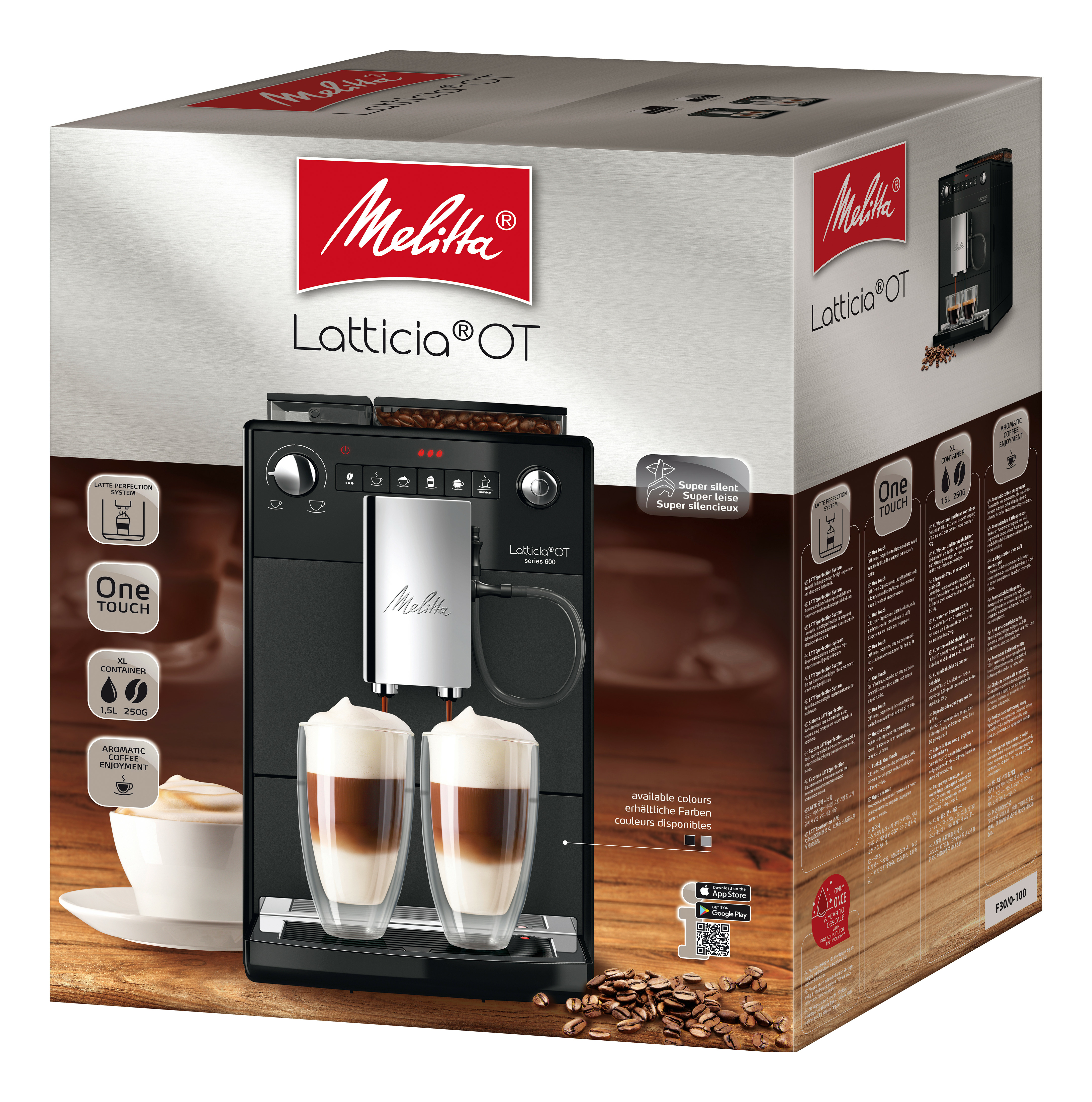 Macchina da caffè Melitta Latticia OT con due bicchieri di latte e la confezione del prodotto sullo sfondo.