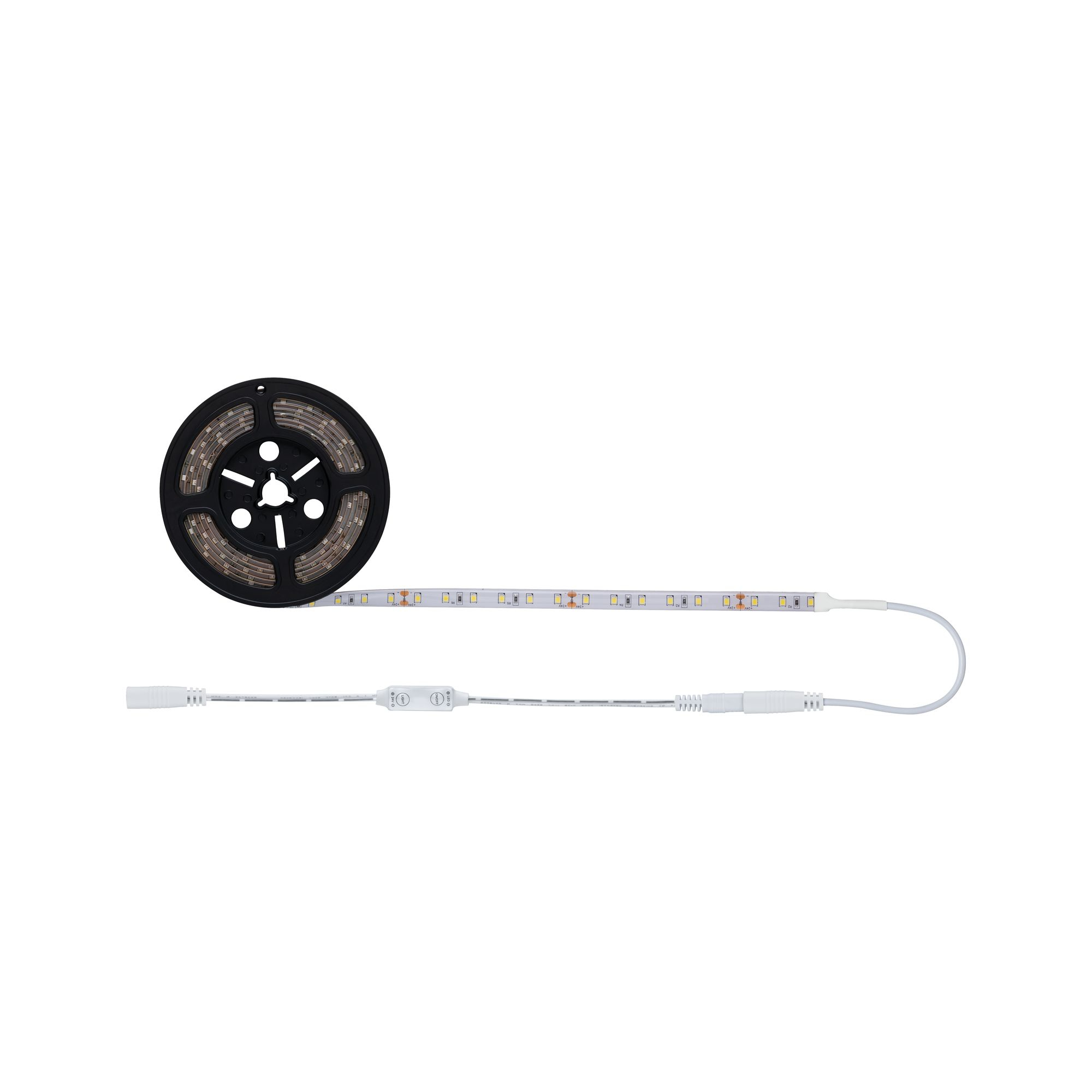 Ein aufgerollter LED-Streifen und ein separater Lichtcontroller. Der Streifen ist schwarz, der Controller weiß.