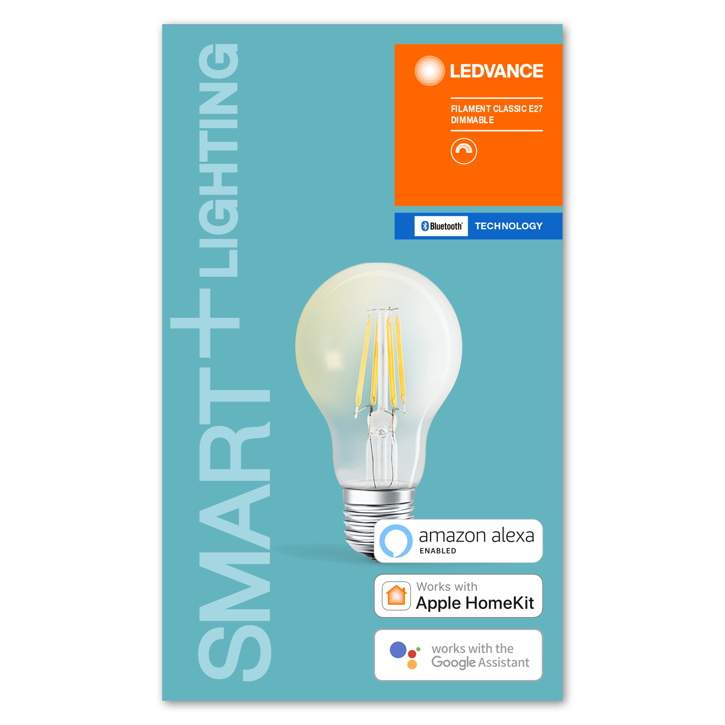 Una bombilla con el texto Smart + Lighting. La bombilla está sobre un fondo azul claro. Tiene logotipos.