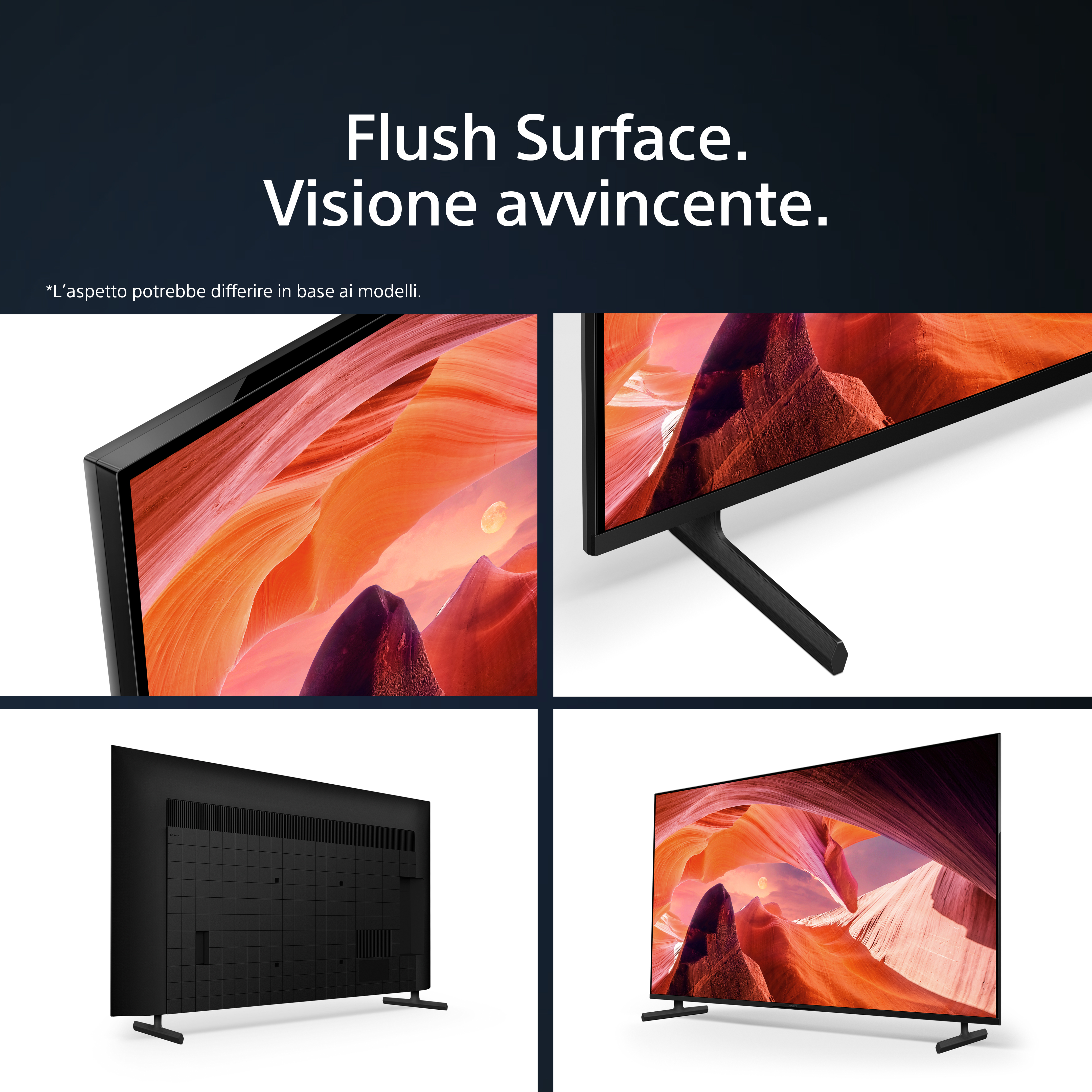 Vier Ansichten eines schwarzen Fernsehers, die sein Design und seine Funktionen zeigen.