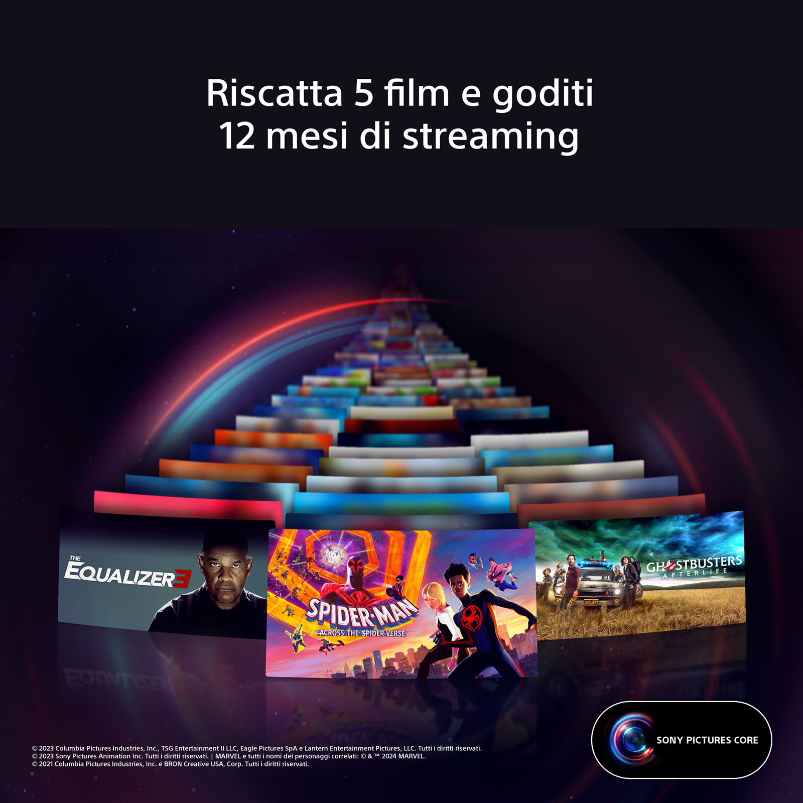 Werbebild von Filmen. Text auf Italienisch: 'Lösen Sie 5 Filme ein und genießen Sie 12 Monate Streaming'.
