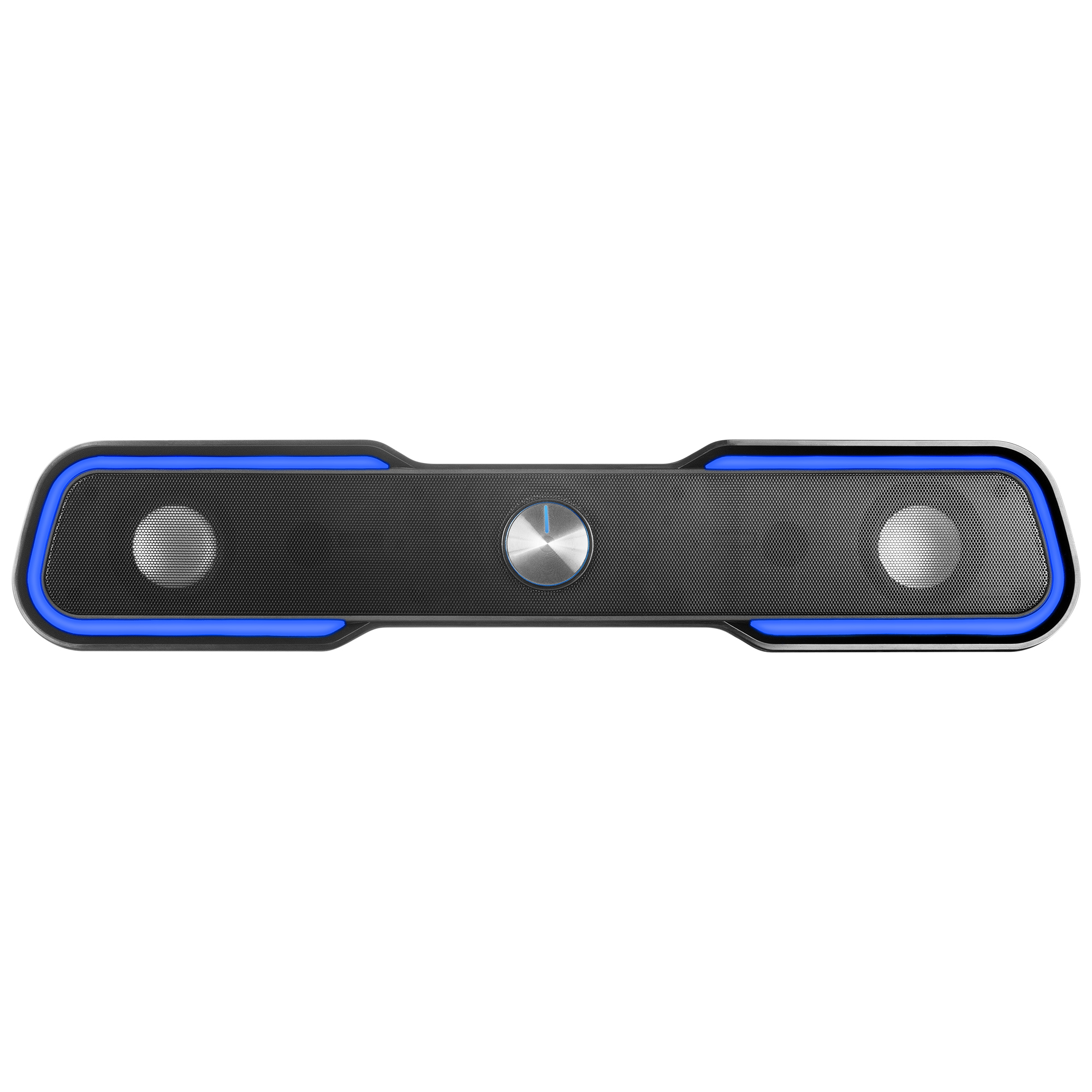 Soundbar nera con luci LED blu. Ha due altoparlanti e un pulsante di controllo argentato.