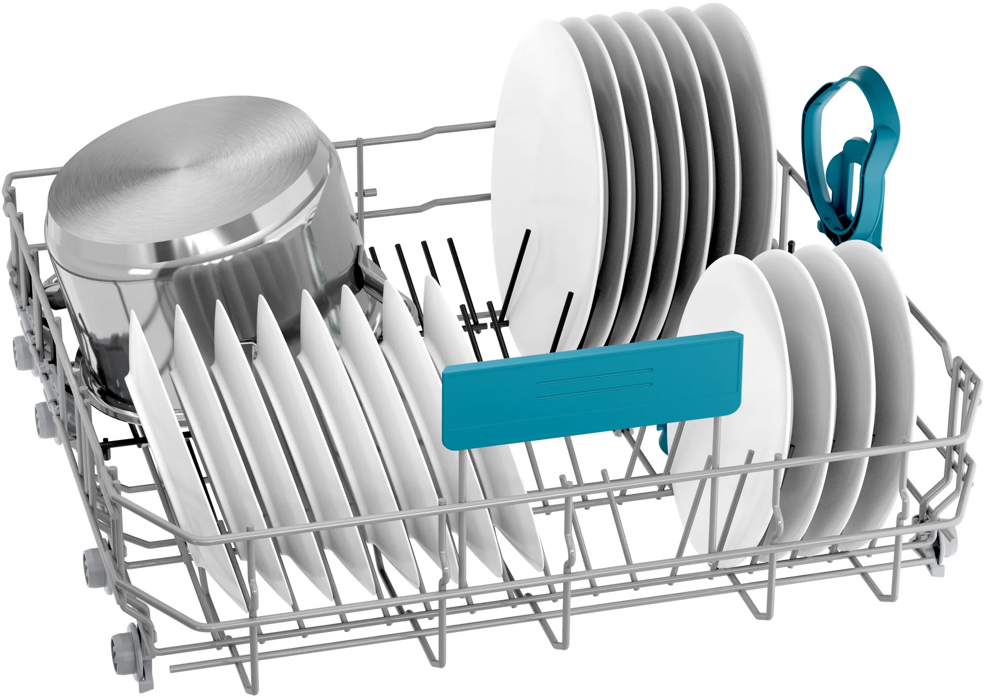 Stojak zmywarki z talerzami, garnkiem i niebieskim uchwytem na sztućce. Czyste naczynia.